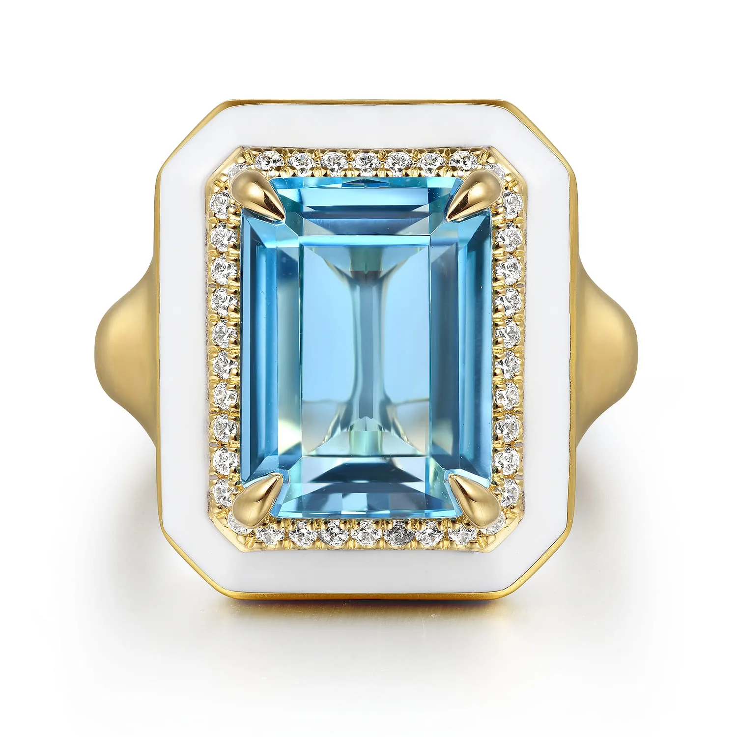 Diamond Halo and Blue Topaz Cocktail Ring with White Enamel