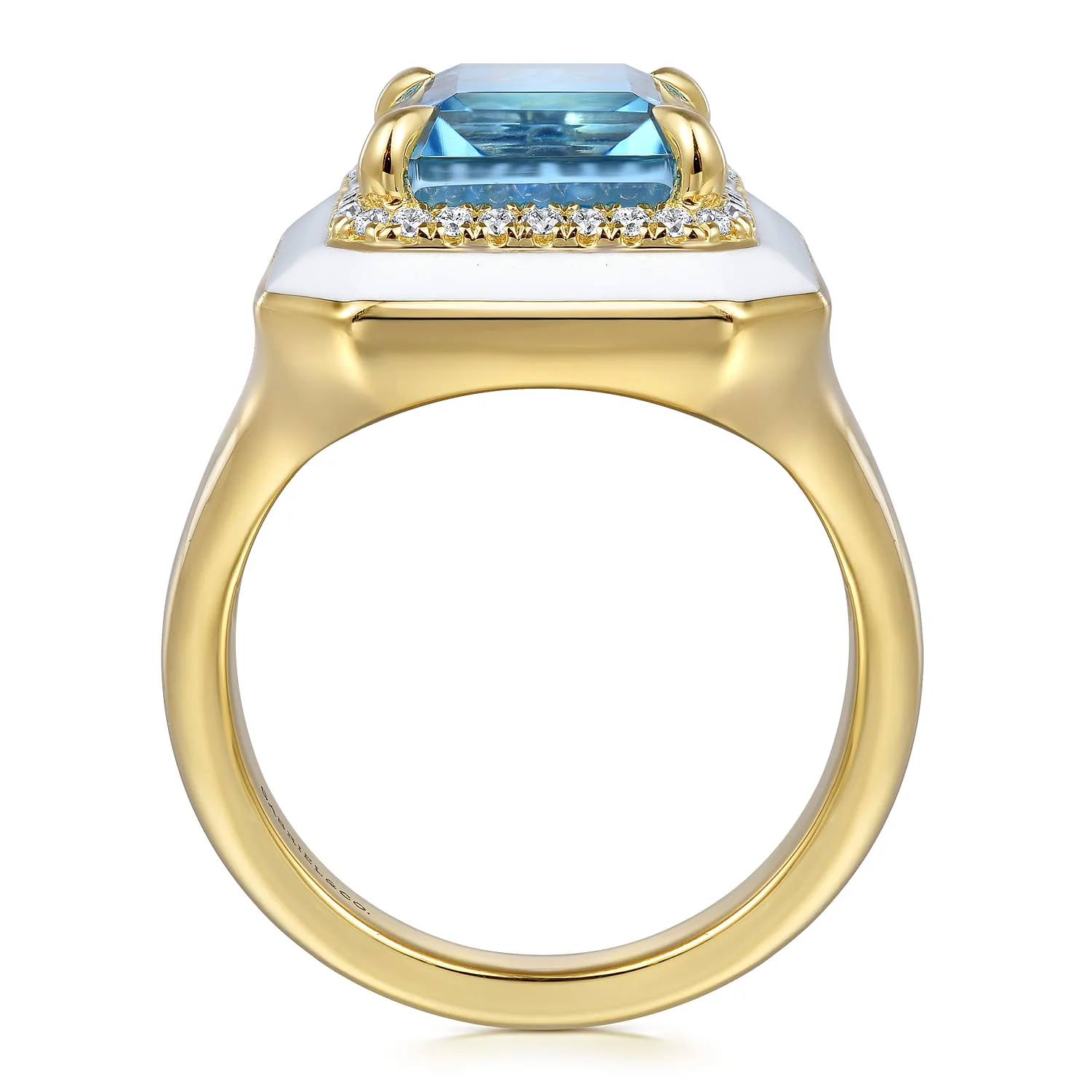 Diamond Halo and Blue Topaz Cocktail Ring with White Enamel in 14K Yellow Gold, photograph 2