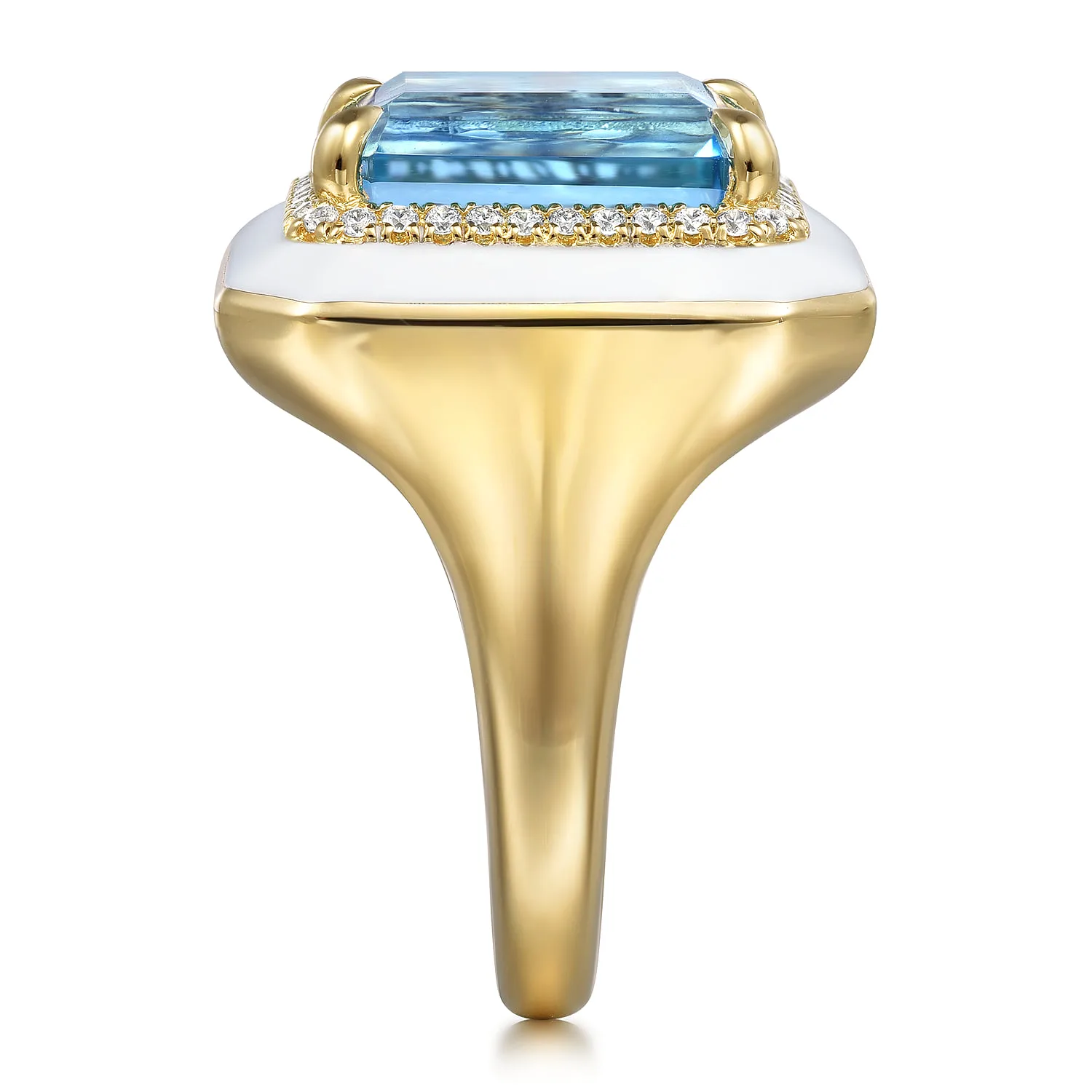 Diamond Halo and Blue Topaz Cocktail Ring with White Enamel in 14K Yellow Gold, photograph 4