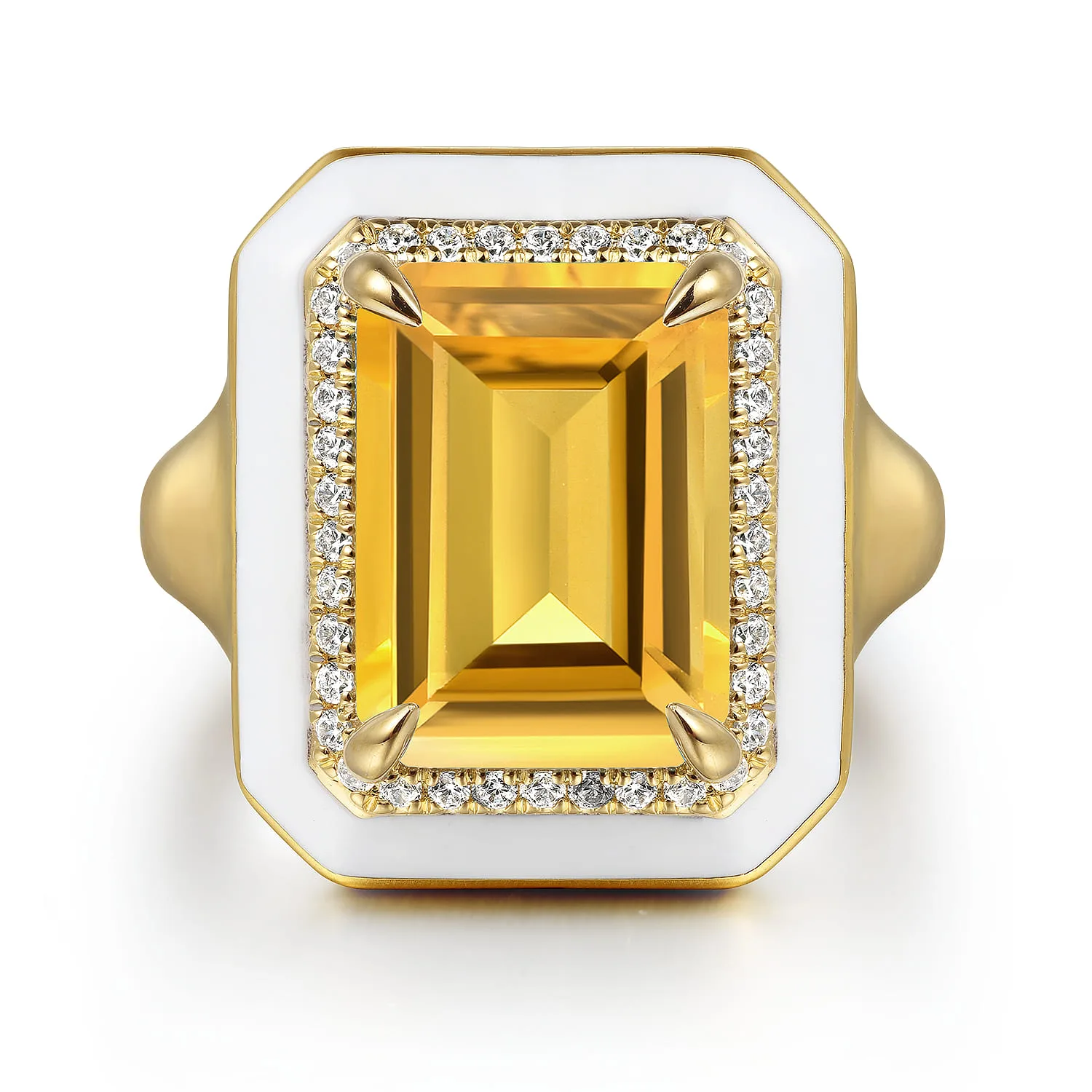 Diamond Halo and Citrine Cocktail Ring with White Enamel