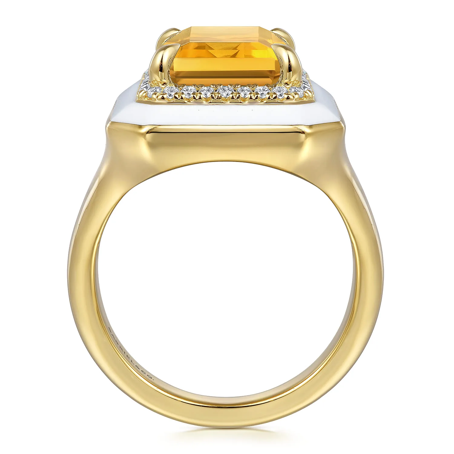 Diamond Halo and Citrine Cocktail Ring with White Enamel in 14K Yellow Gold, photograph 2