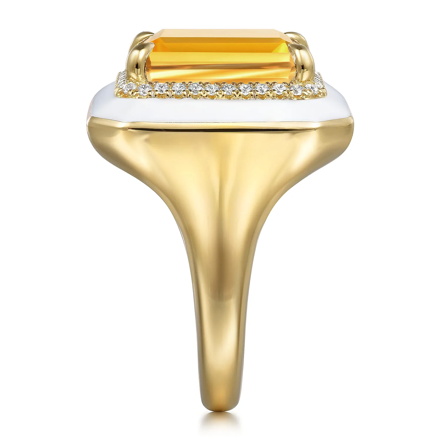Diamond Halo and Citrine Cocktail Ring with White Enamel in 14K Yellow Gold, photograph 4