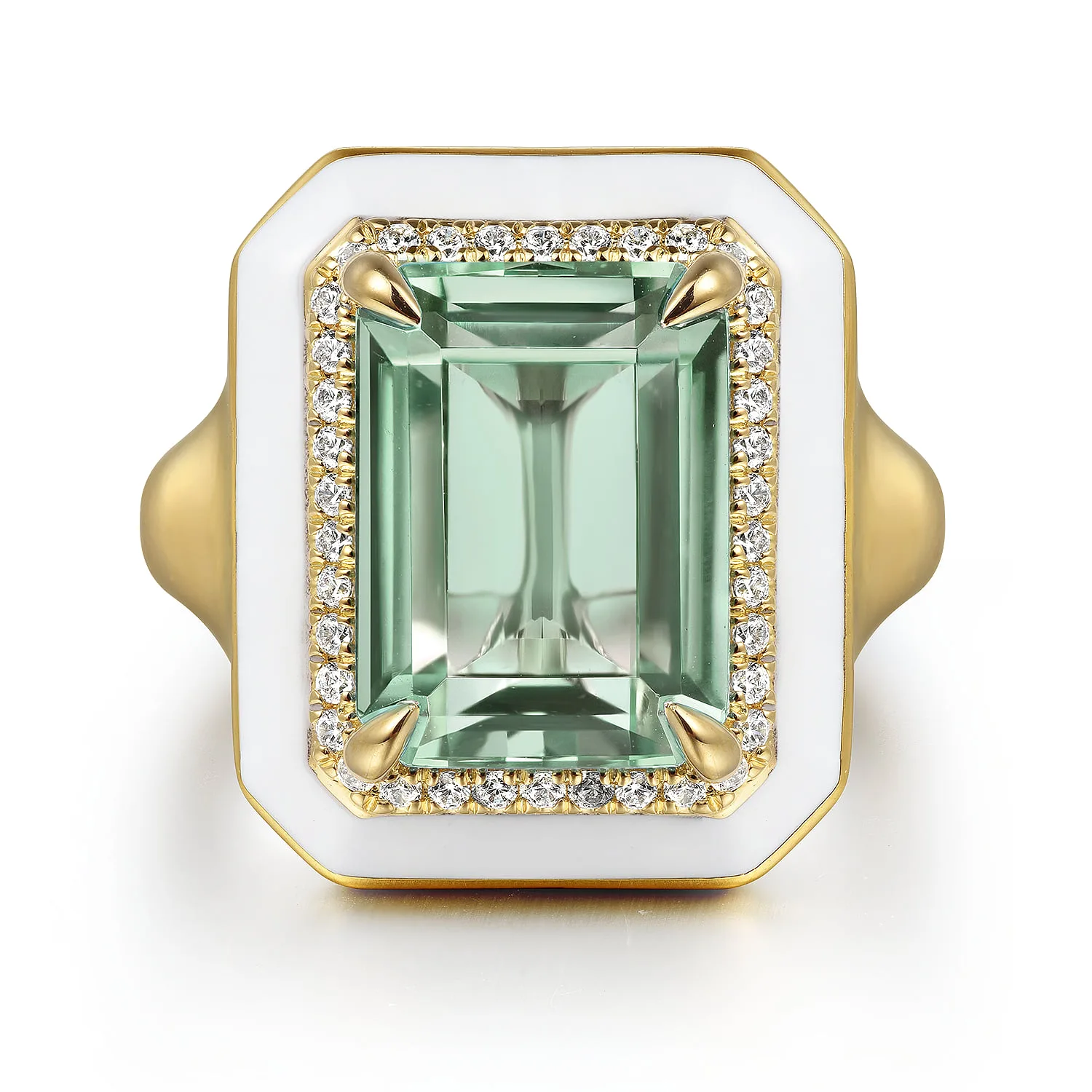 Diamond Halo and Green Amethyst Cocktail Ring with White Enamel