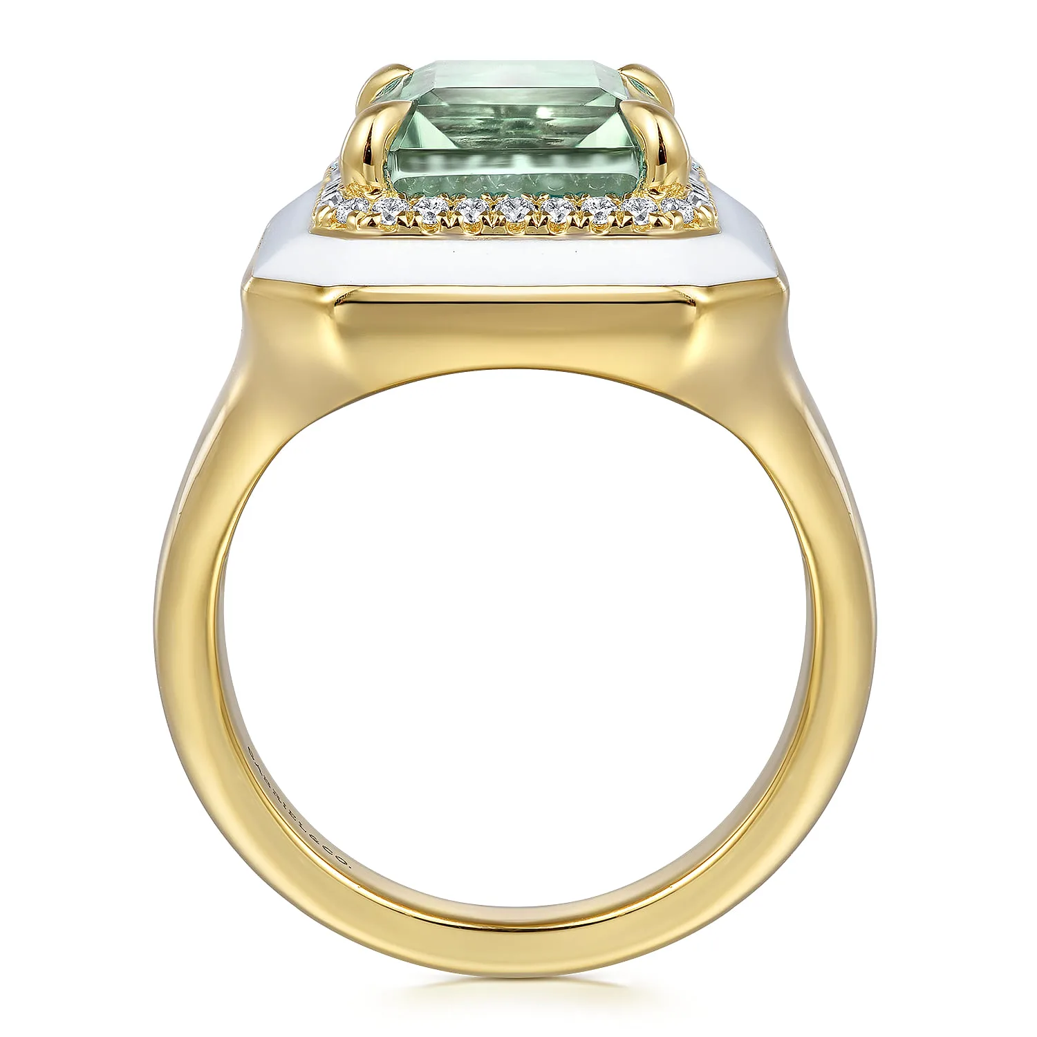Diamond Halo and Green Amethyst Cocktail Ring with White Enamel in 14K Yellow Gold, photograph 2