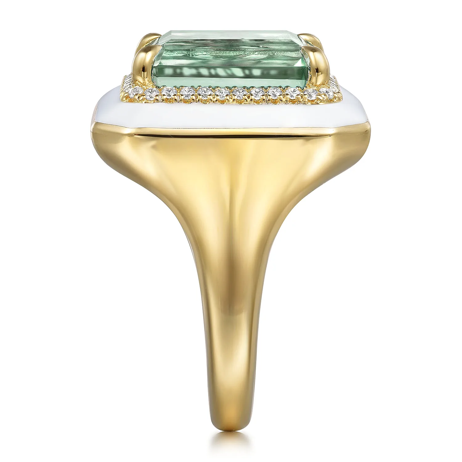 Diamond Halo and Green Amethyst Cocktail Ring with White Enamel in 14K Yellow Gold, photograph 4