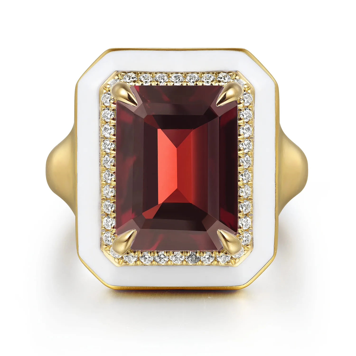 Diamond Halo and Garnet Cocktail Ring with White Enamel