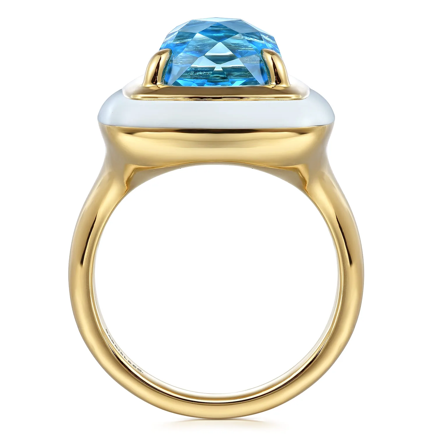 Blue Topaz Cocktail Ring with White Enamel in 14K Yellow Gold, photograph 2