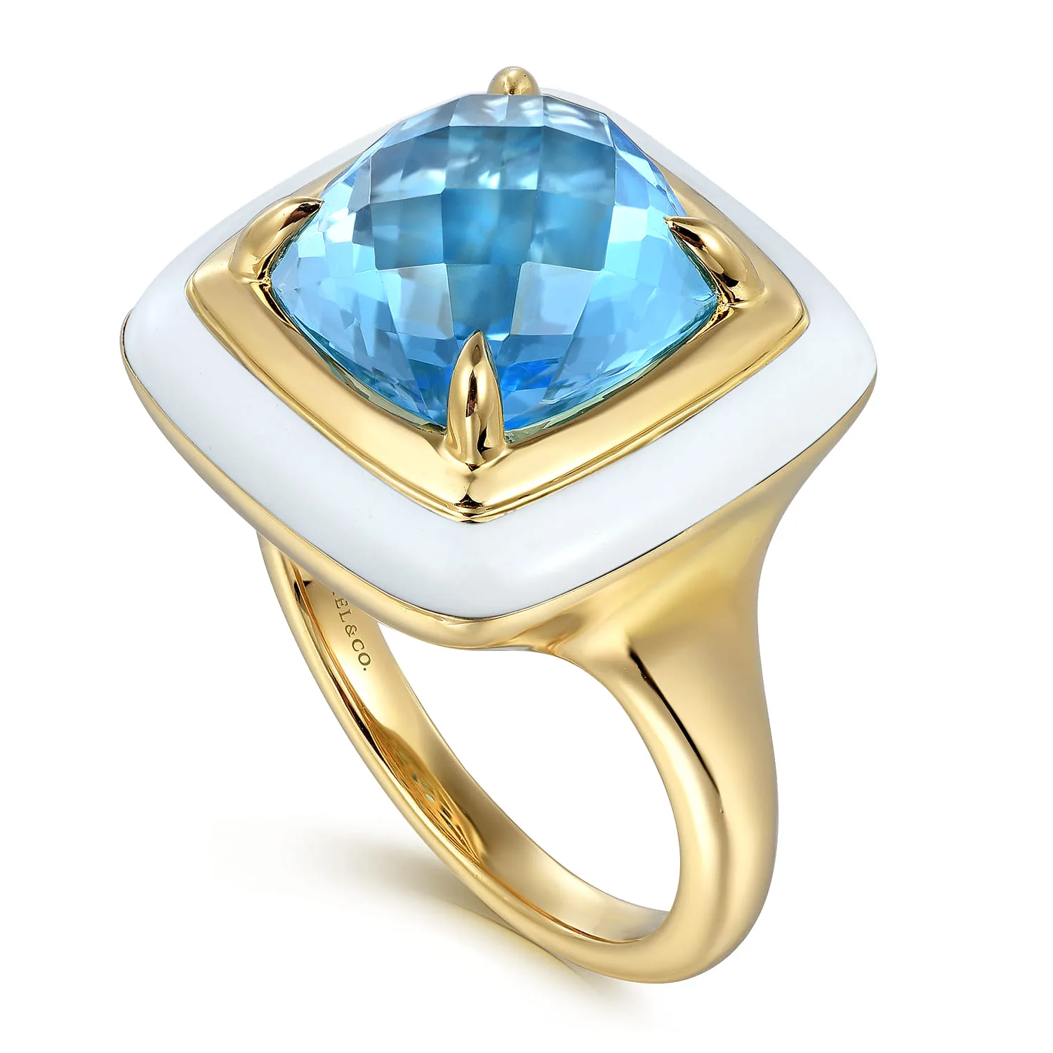 Blue Topaz Cocktail Ring with White Enamel in 14K Yellow Gold, photograph 3