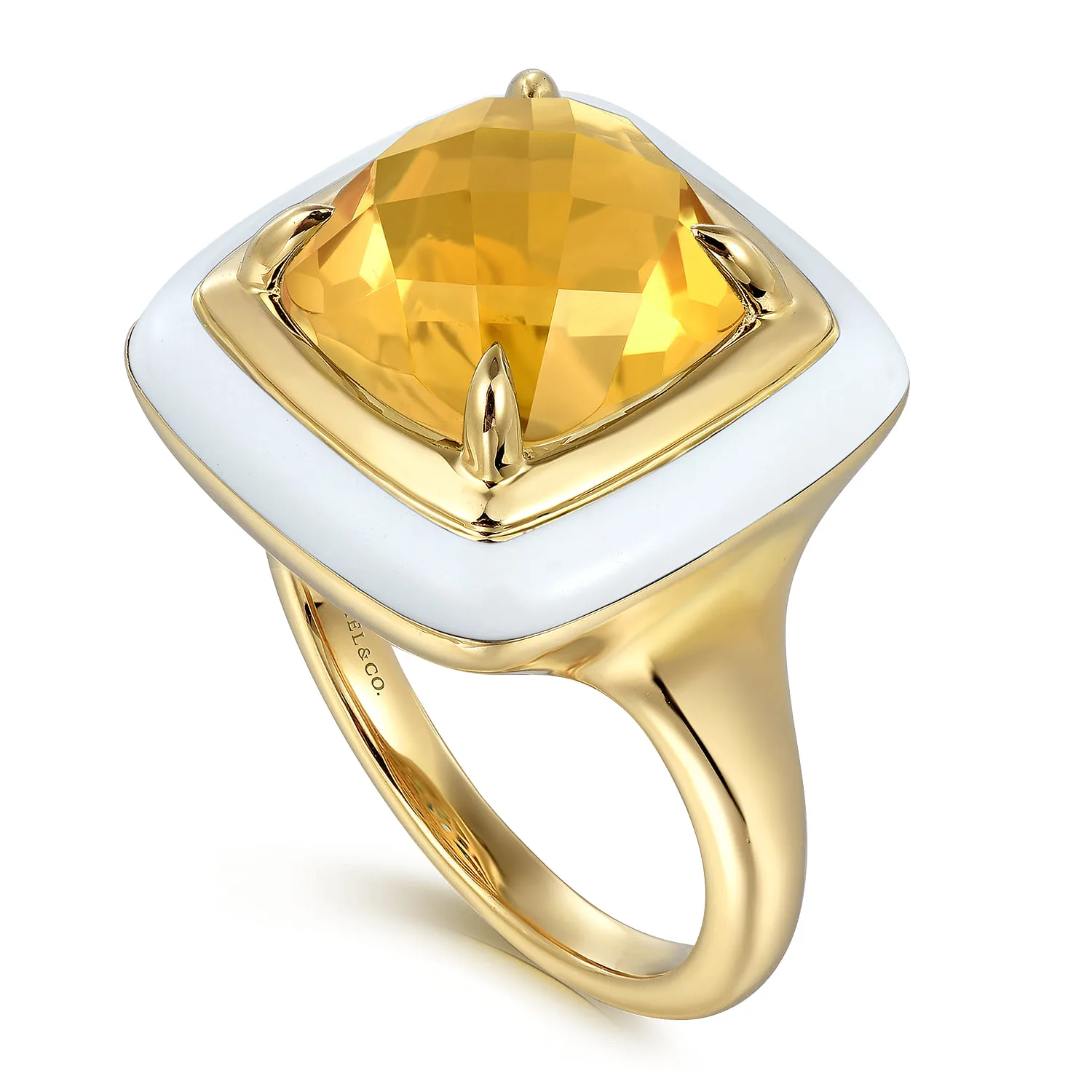 Citrine Cocktail Ring with White Enamel in 14K Yellow Gold, photograph 3