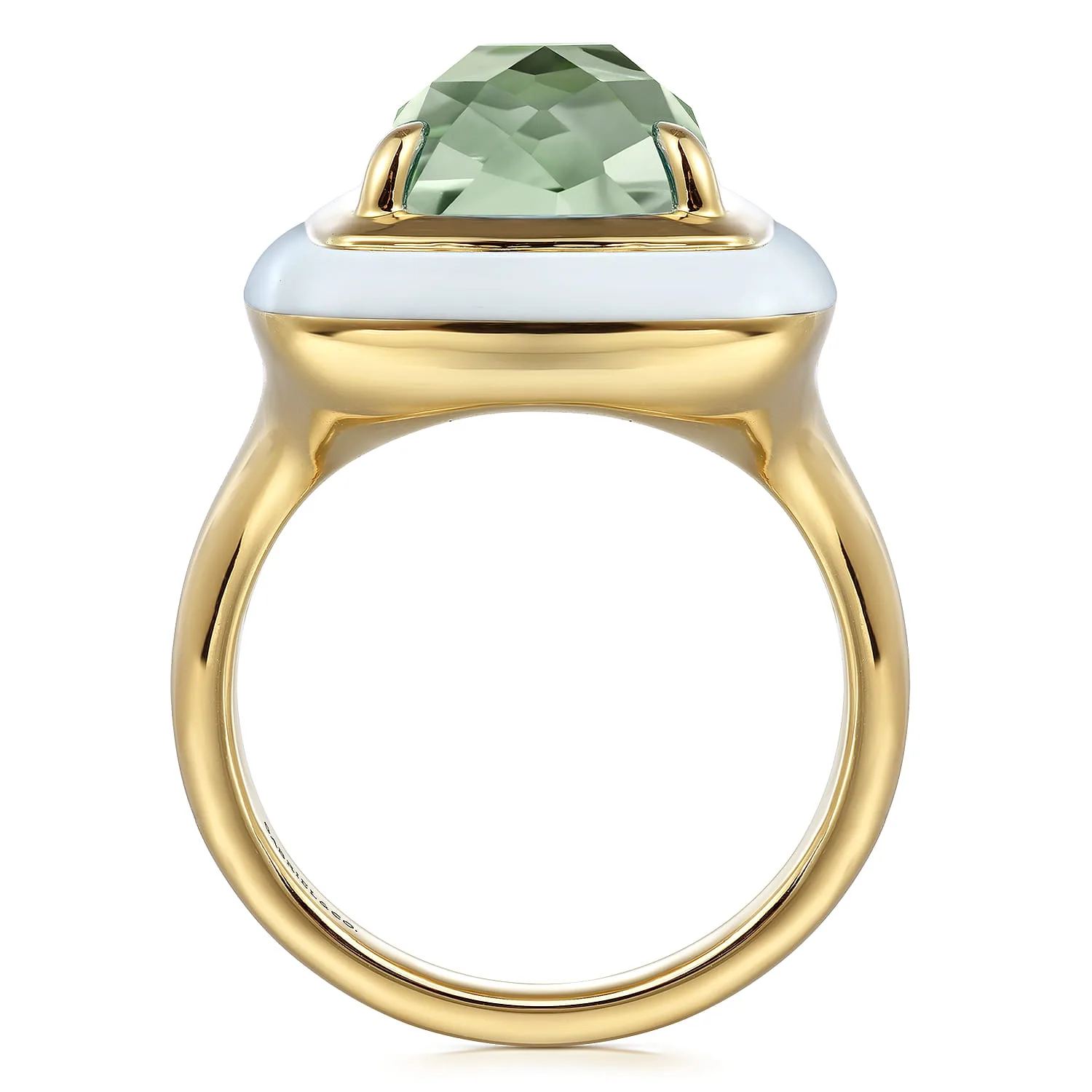 Green Amethyst Cocktail Ring with White Enamel in 14K Yellow Gold, photograph 2