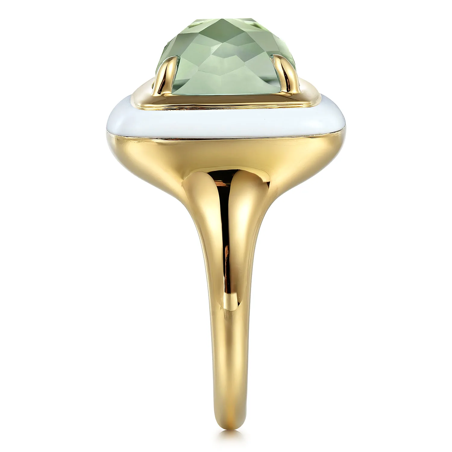 Green Amethyst Cocktail Ring with White Enamel in 14K Yellow Gold, photograph 4