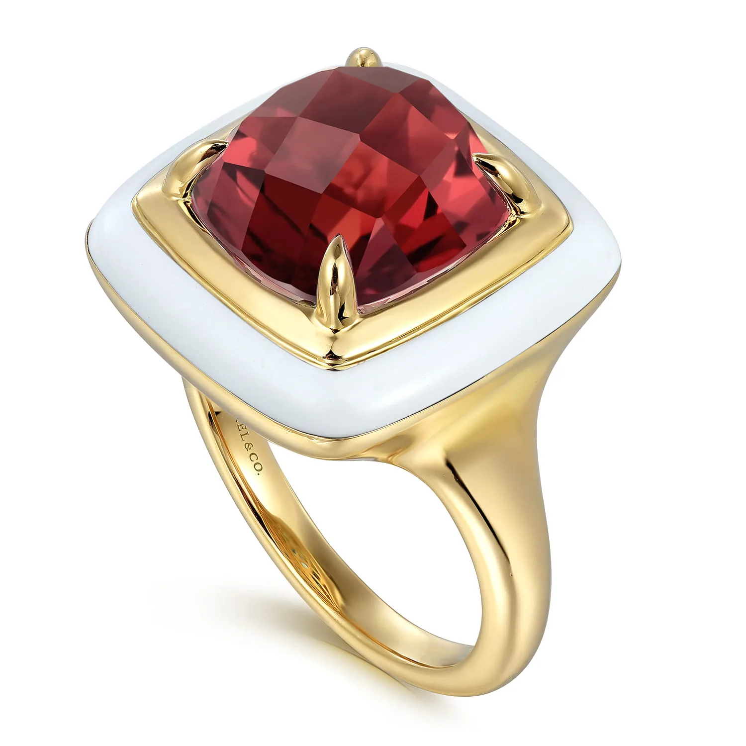 Green Garnet Cocktail Ring with White Enamel in 14K Yellow Gold, photograph 3