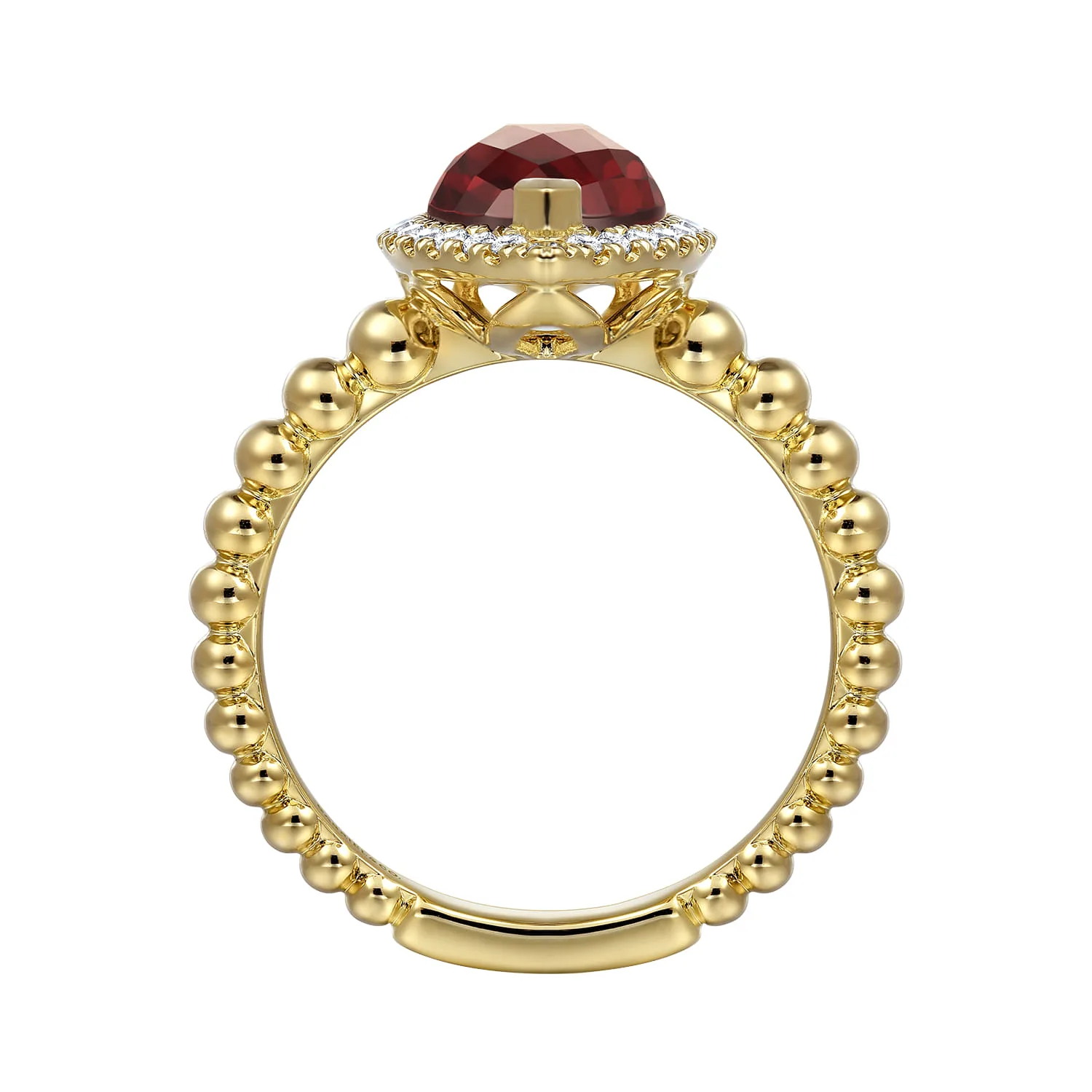 Pear Shape Garnet with Diamond Halo Ring in 14K Yellow Gold, photograph 2