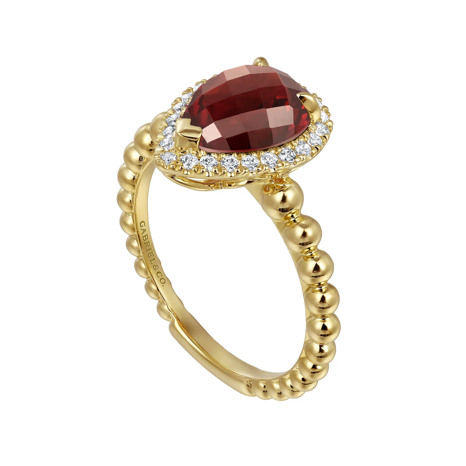 Pear Shape Garnet with Diamond Halo Ring in 14K Yellow Gold, photograph 3
