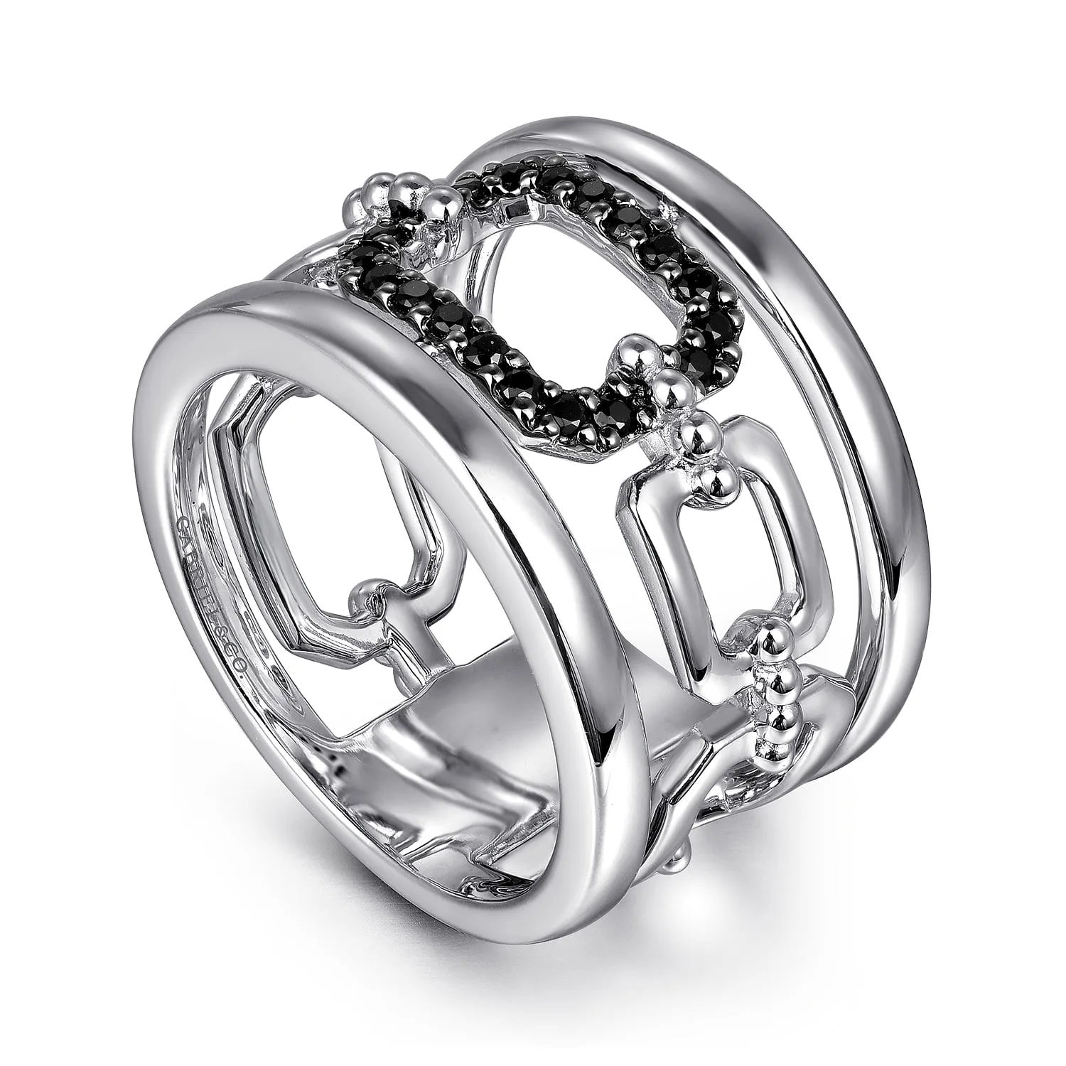Black Spinel Bujukan Wide Link Chain Band Ladies Ring in Sterling Silver, photograph 3