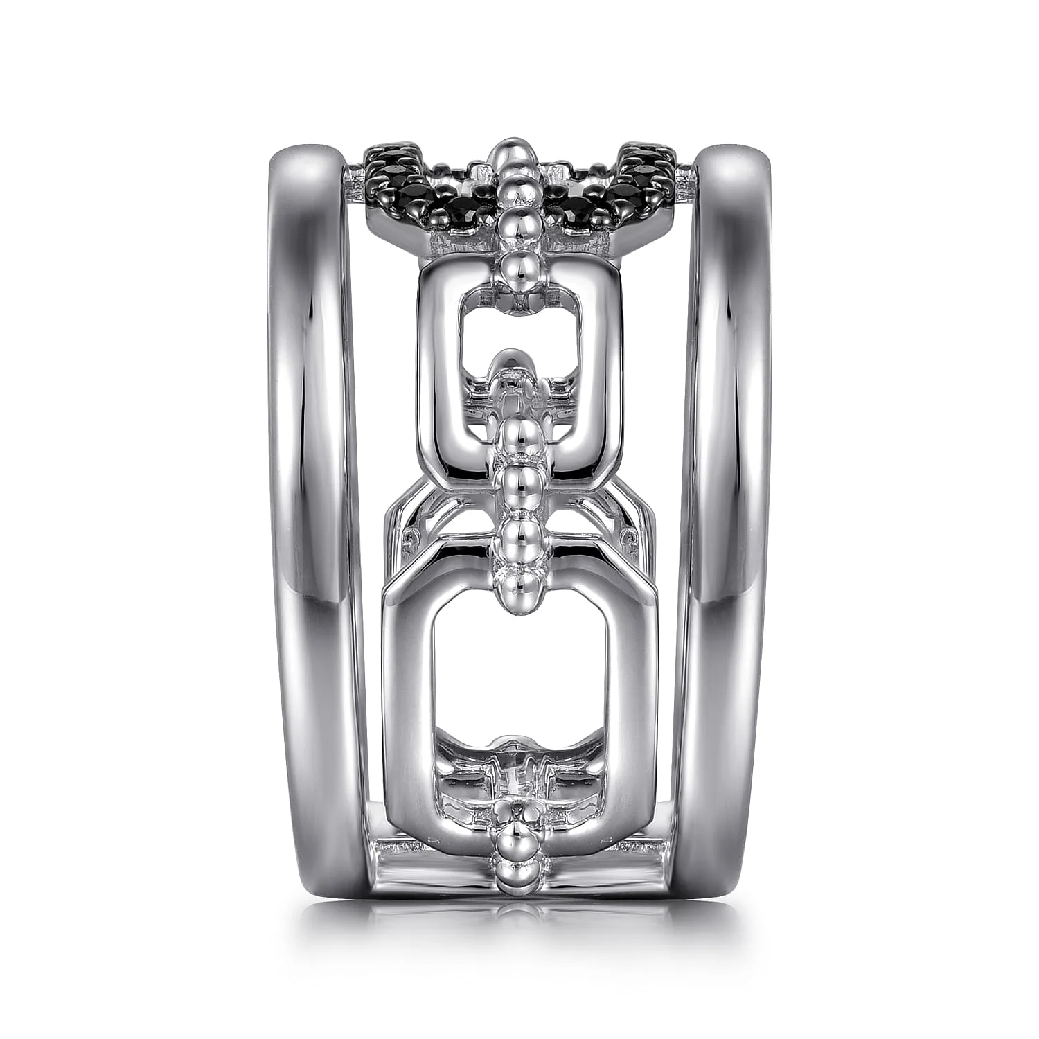 Black Spinel Bujukan Wide Link Chain Band Ladies Ring in Sterling Silver, photograph 4