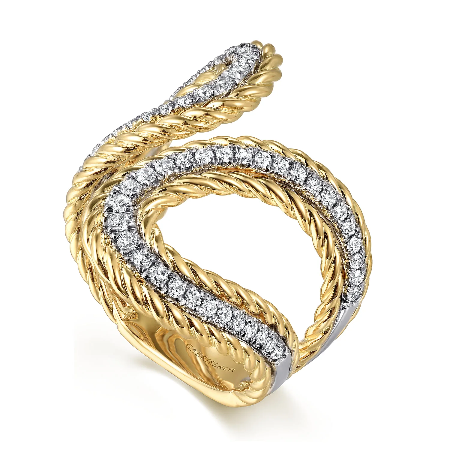 Rope Diamond Bypass Ladies Ring in 14K White/Yellow Gold, photograph 3