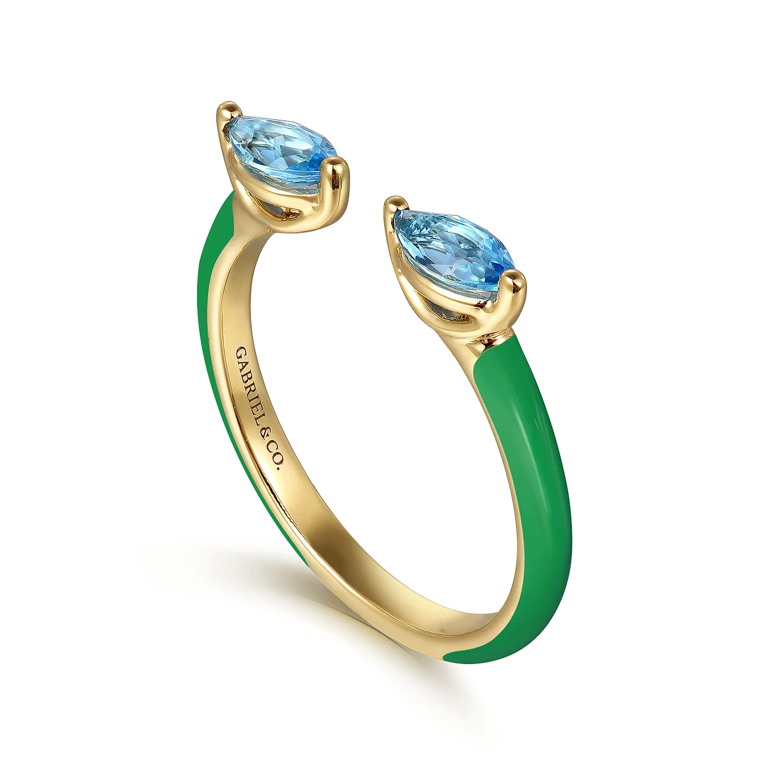 Blue Topaz Open Stackable with Emerald Green Enamel in 14K Yellow Gold, photograph 3
