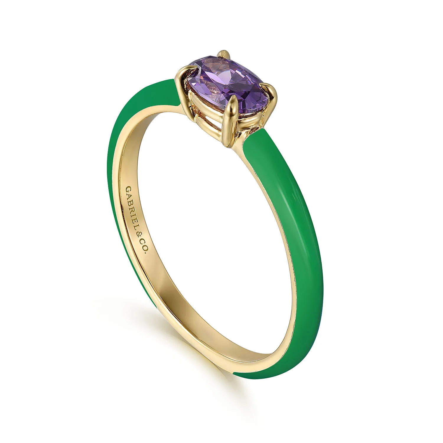 Amethyst Cocktail Stackable with Emerald Green Enamel in 14K Yellow Gold, photograph 3