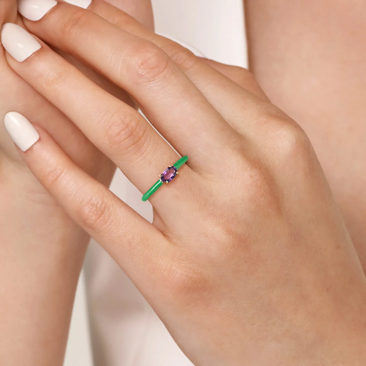 Amethyst Cocktail Stackable with Emerald Green Enamel in 14K Yellow Gold, photograph 5