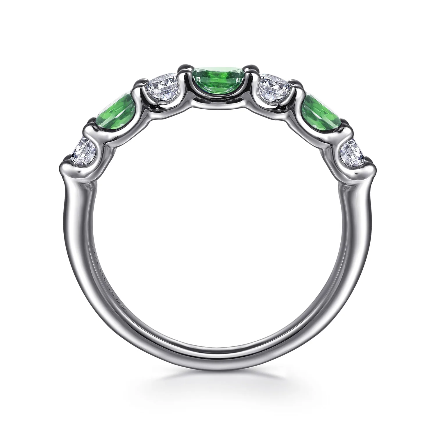 Diamond and Oval Emerald Band Ring in 14K White Gold, photograph 2
