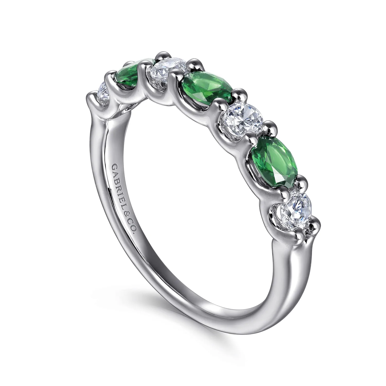 Diamond and Oval Emerald Band Ring in 14K White Gold, photograph 3