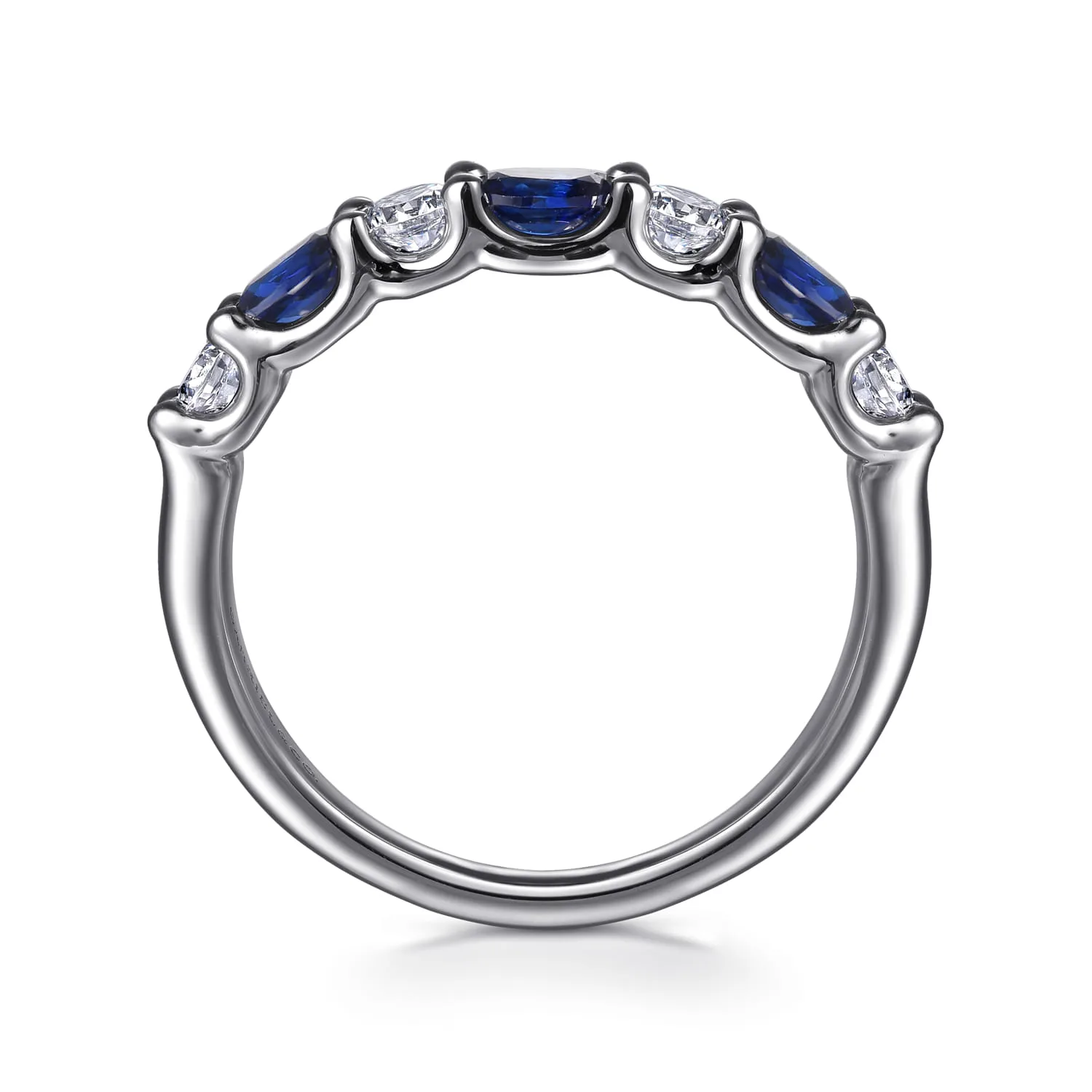 Diamond and Oval Sapphire Band Ring in 14K White Gold, photograph 2