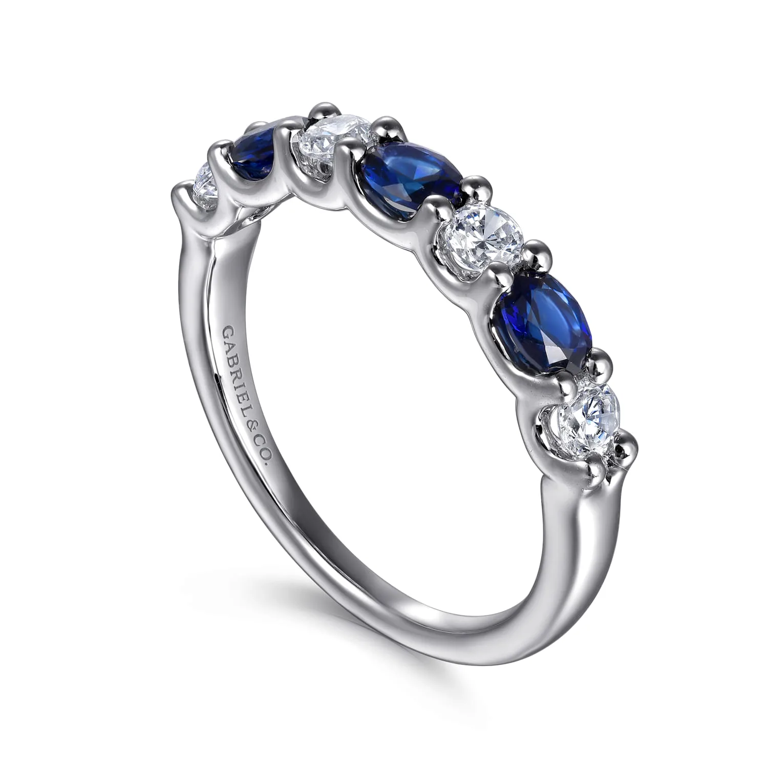 Diamond and Oval Sapphire Band Ring in 14K White Gold, photograph 3