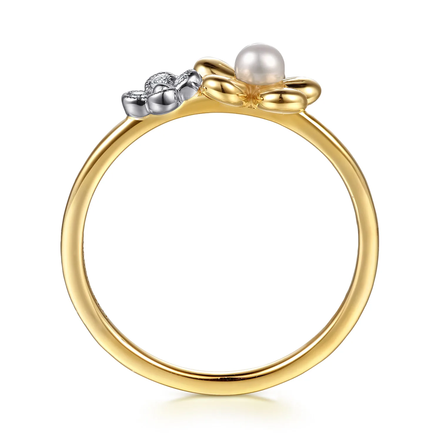 Flower Diamond and Pearl Stackable Ring in 14K Yellow Gold, photograph 2