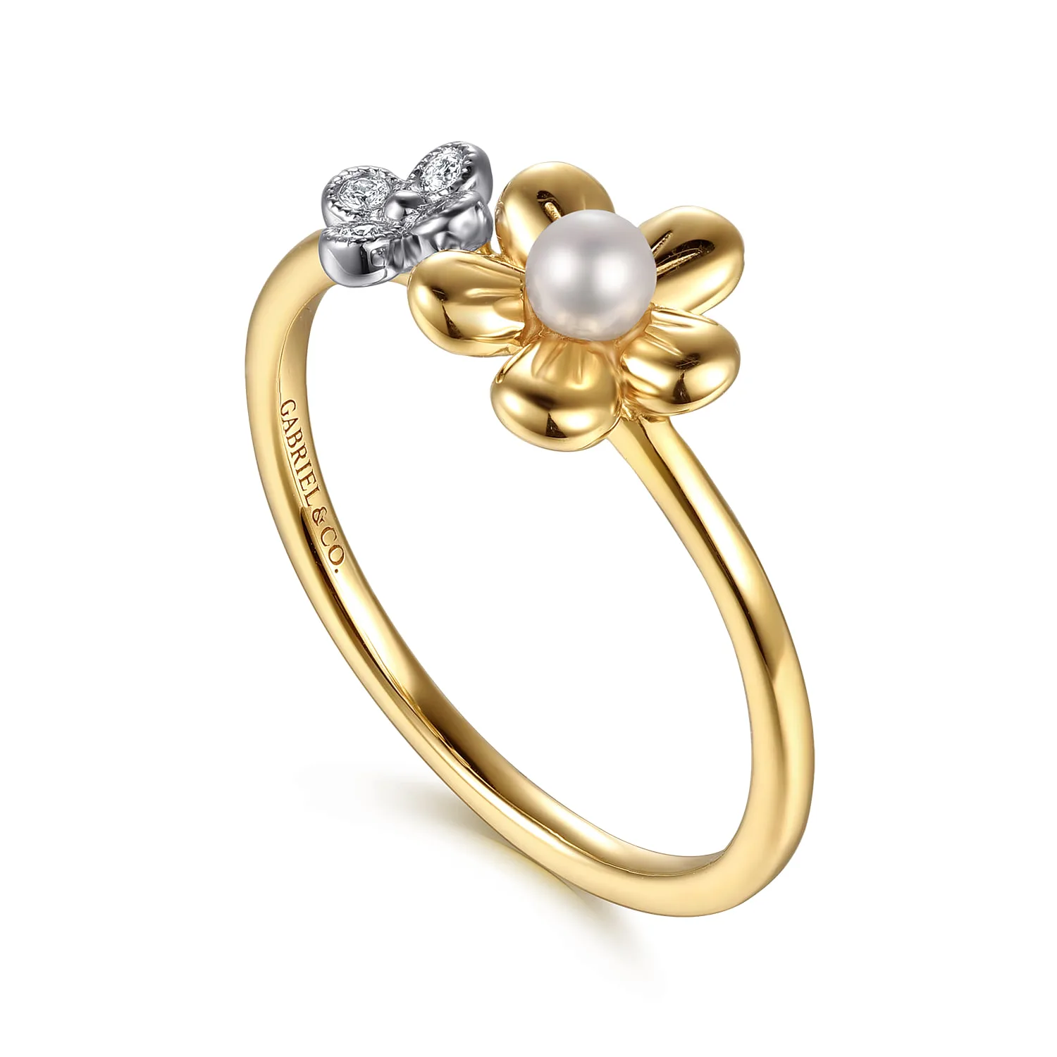 Flower Diamond and Pearl Stackable Ring in 14K Yellow Gold, photograph 3
