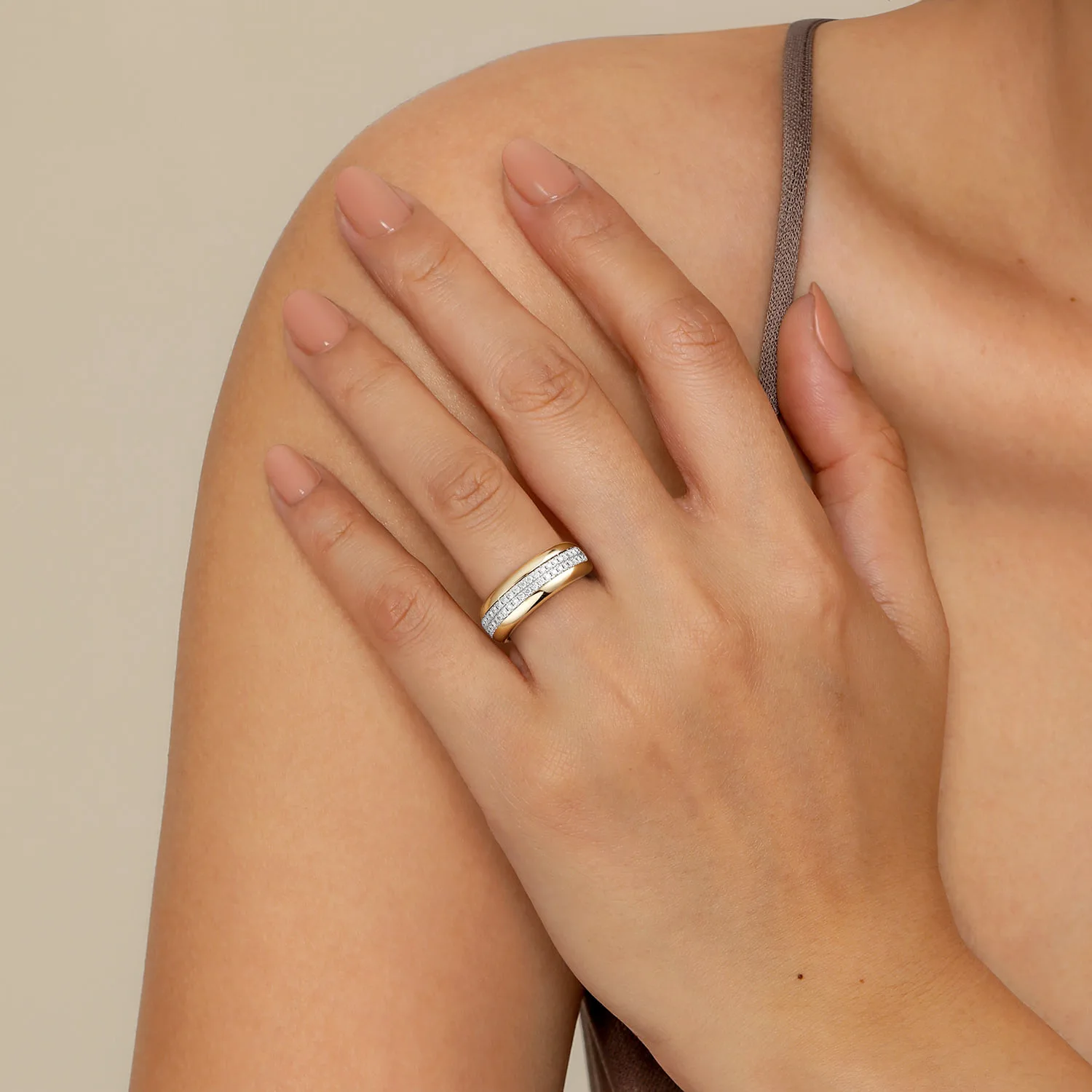 Double Row Diamond Wide Band Ring in 14K White/Yellow Gold, photograph 5