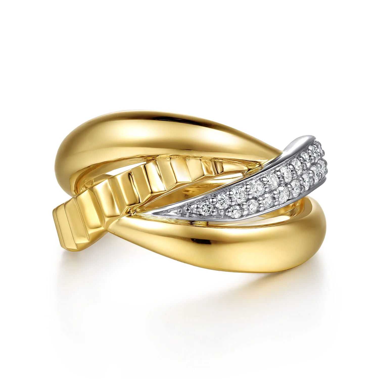 Diamond and Diamond Cut Criss Cross Ring in 14K White/Yellow Gold