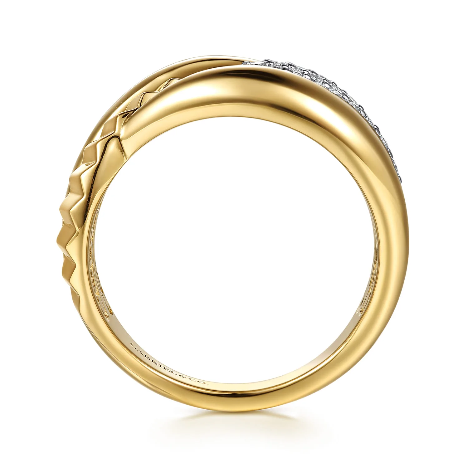 Diamond and Diamond Cut Criss Cross Ring in 14K White/Yellow Gold, photograph 2