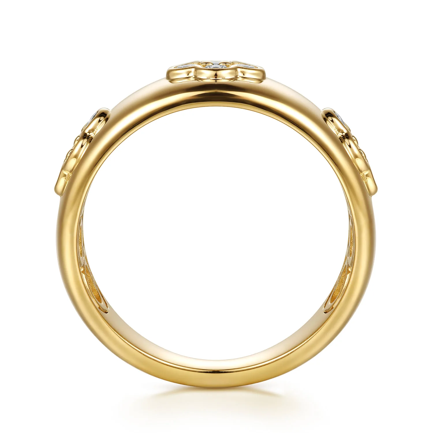 Diamond Clover Station Wide Band Ring in 14K Yellow Gold, photograph 2
