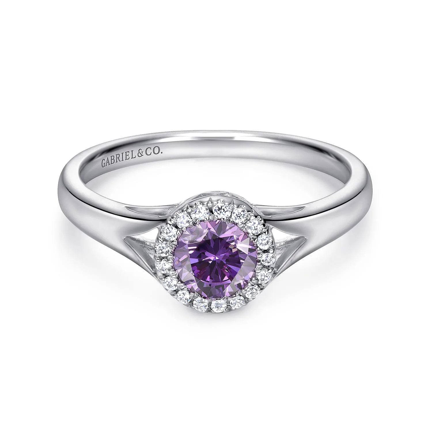 Round Amethyst and Diamond Halo Promise Ring