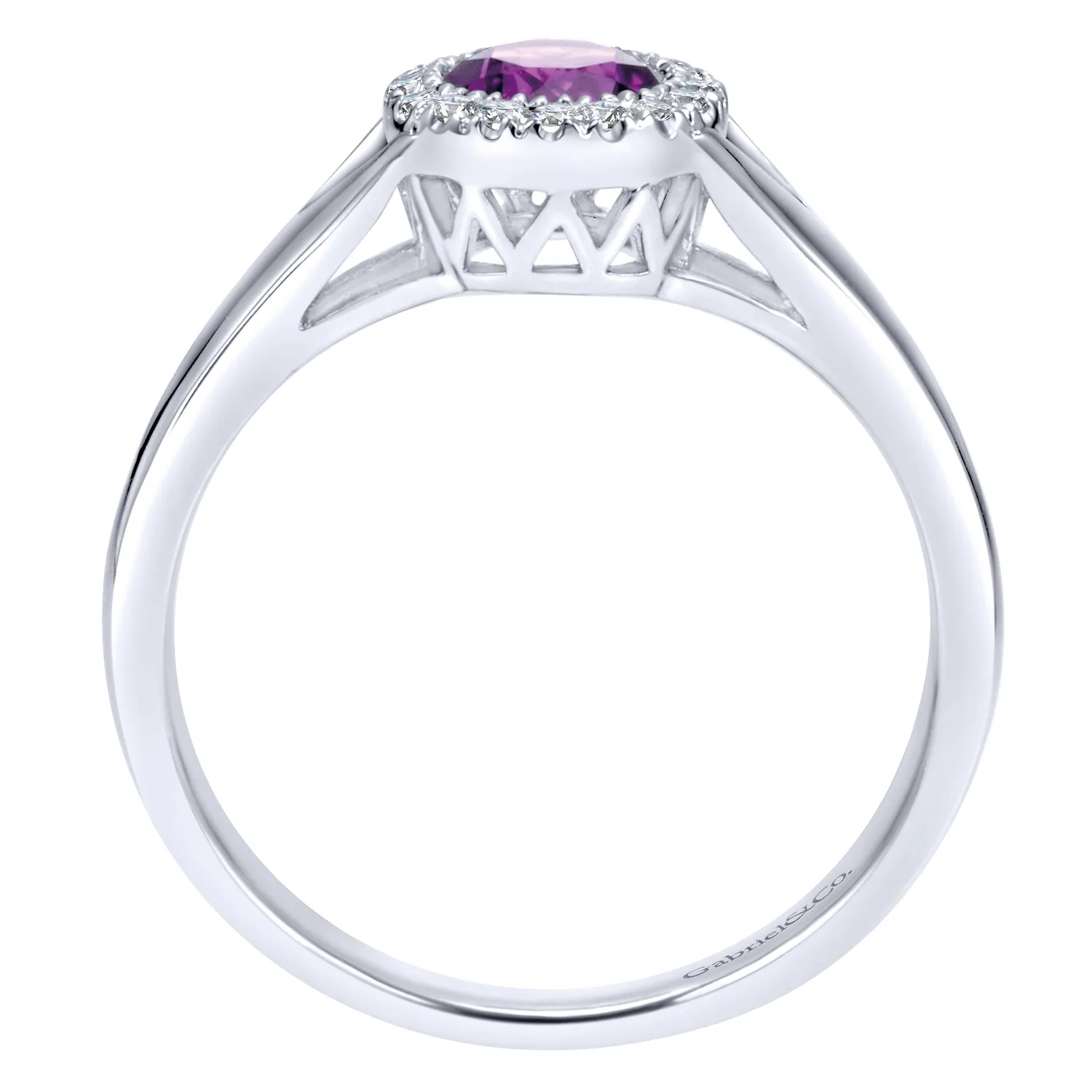 Round Amethyst and Diamond Halo Promise Ring in 14K White Gold, photograph 2