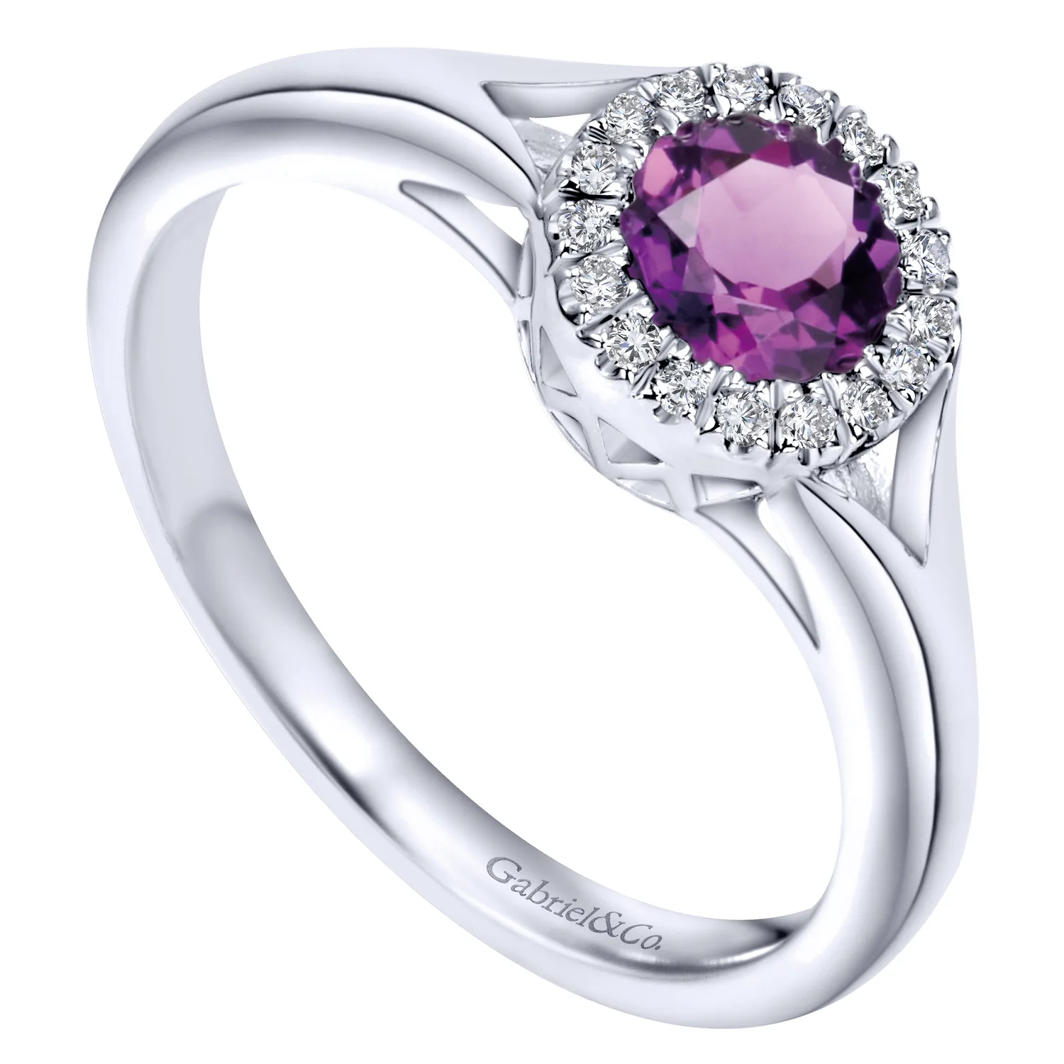 Round Amethyst and Diamond Halo Promise Ring in 14K White Gold, photograph 3