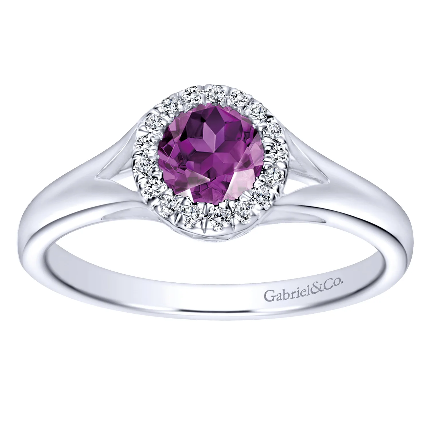 Round Amethyst and Diamond Halo Promise Ring in 14K White Gold, photograph 4