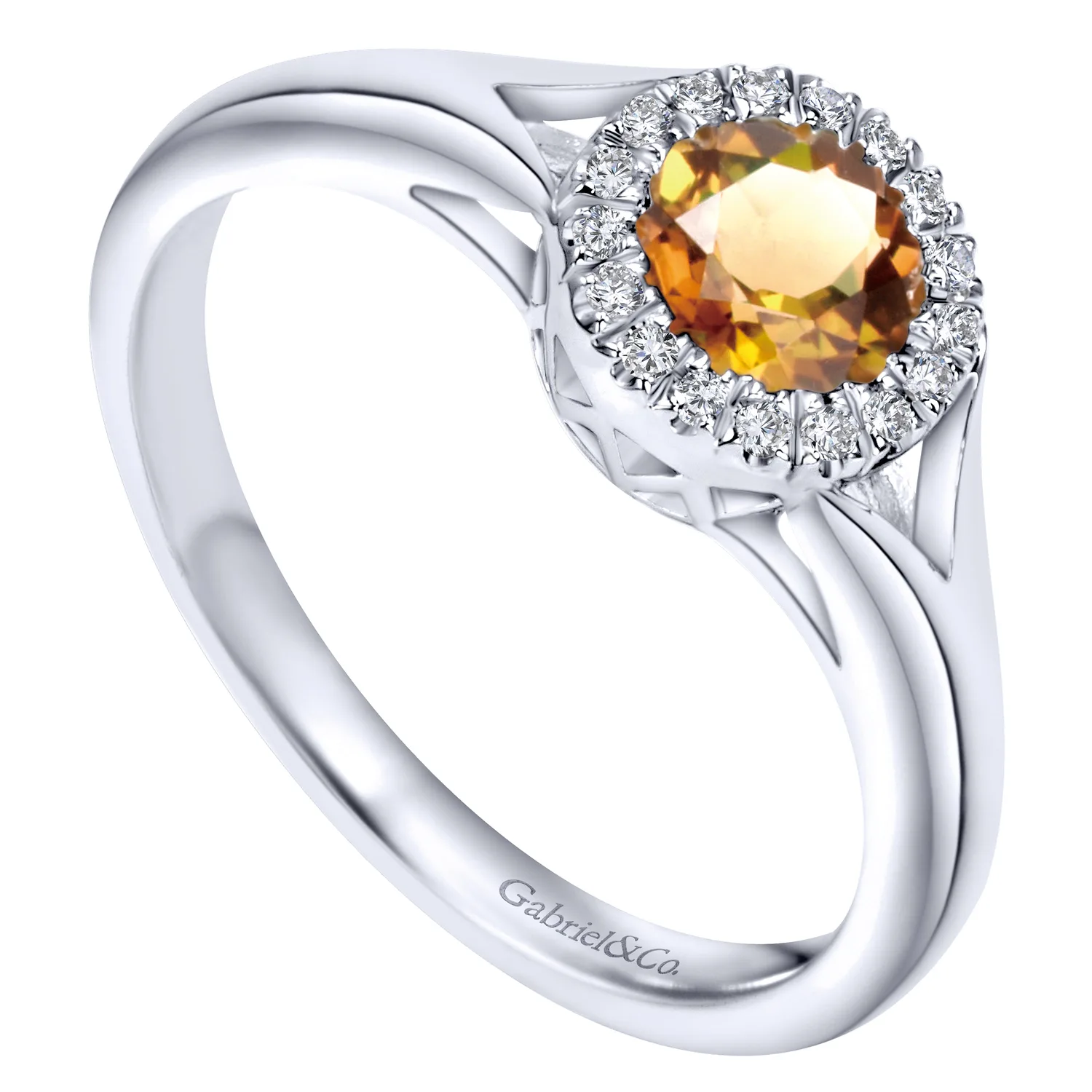 Round Halo Citrine and Diamond Promise Ring in 14K White Gold, photograph 3