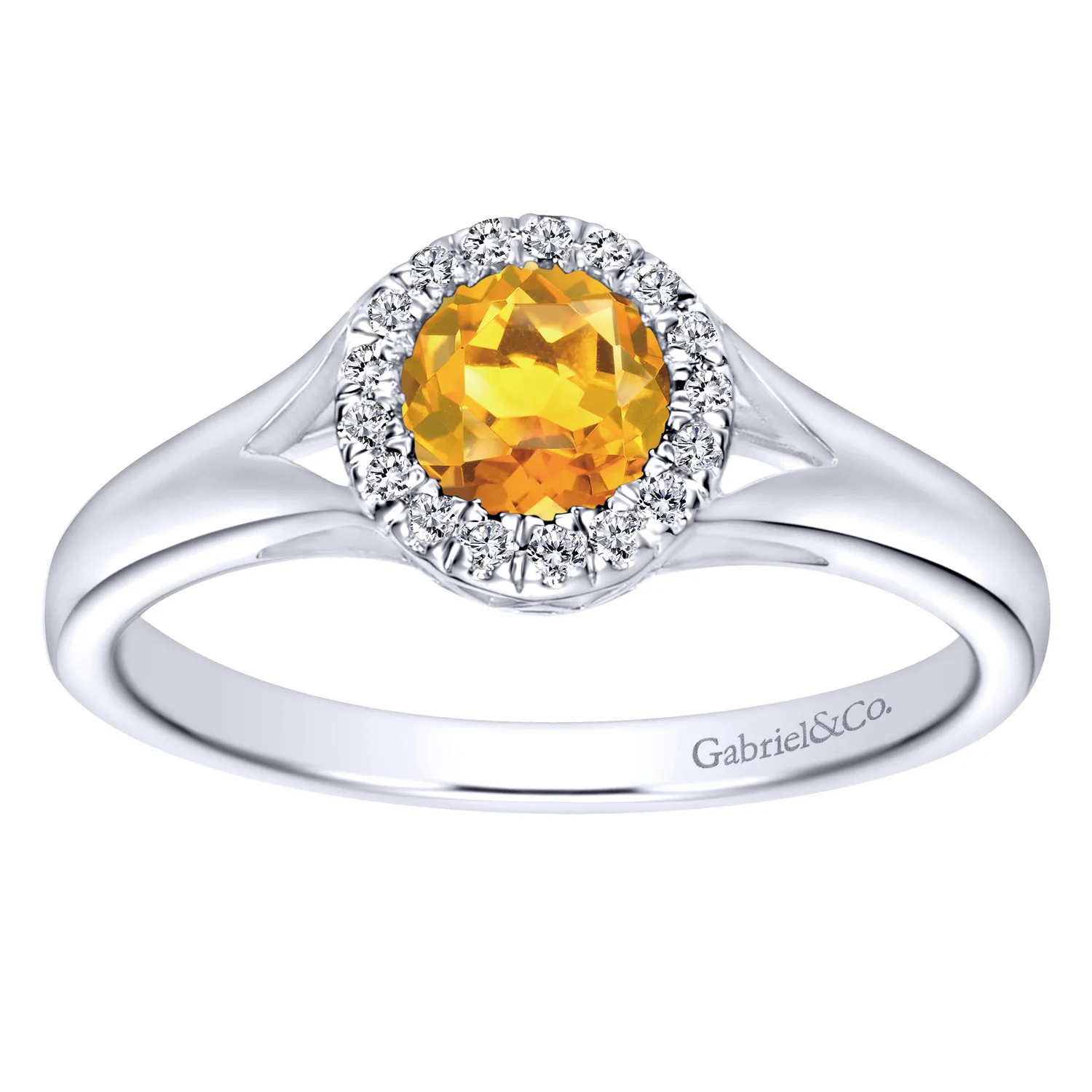 Round Halo Citrine and Diamond Promise Ring in 14K White Gold, photograph 4