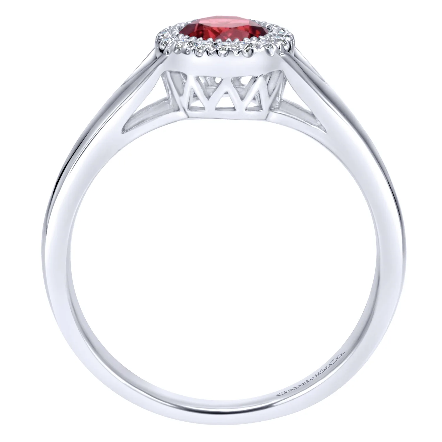 Round Garnet and Diamond Halo Promise Ring in 14K White Gold, photograph 2