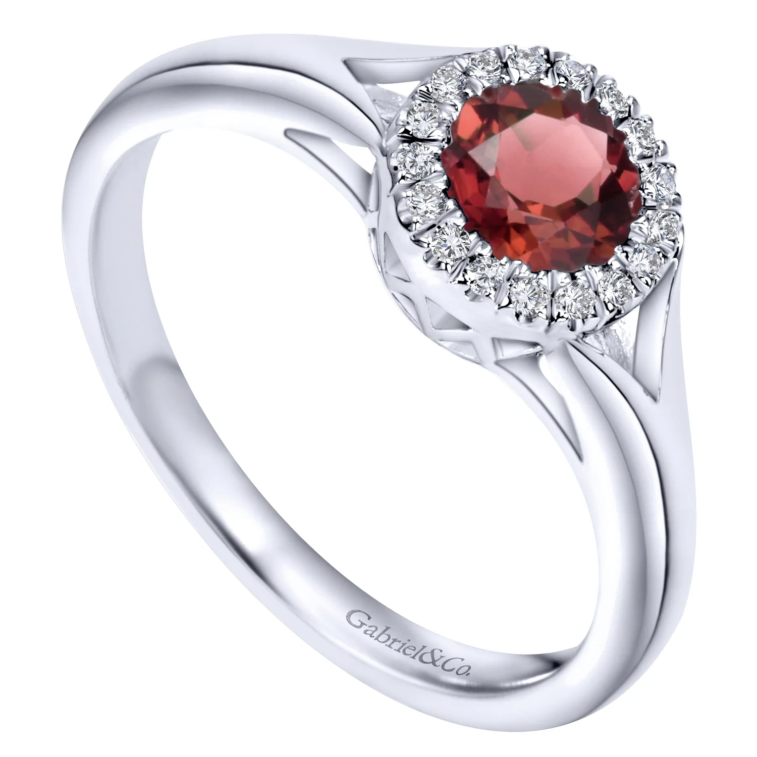 Round Garnet and Diamond Halo Promise Ring in 14K White Gold, photograph 3