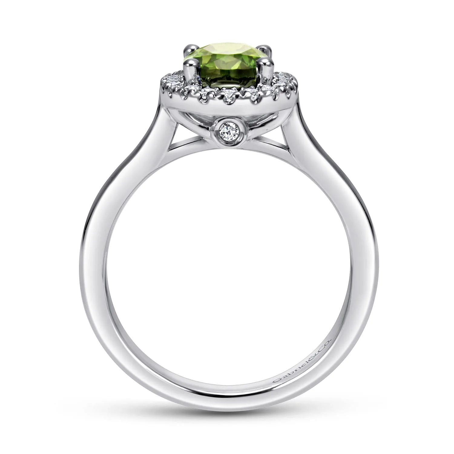Classic Oval Peridot and Diamond Halo Ring in 14K White Gold, photograph 2
