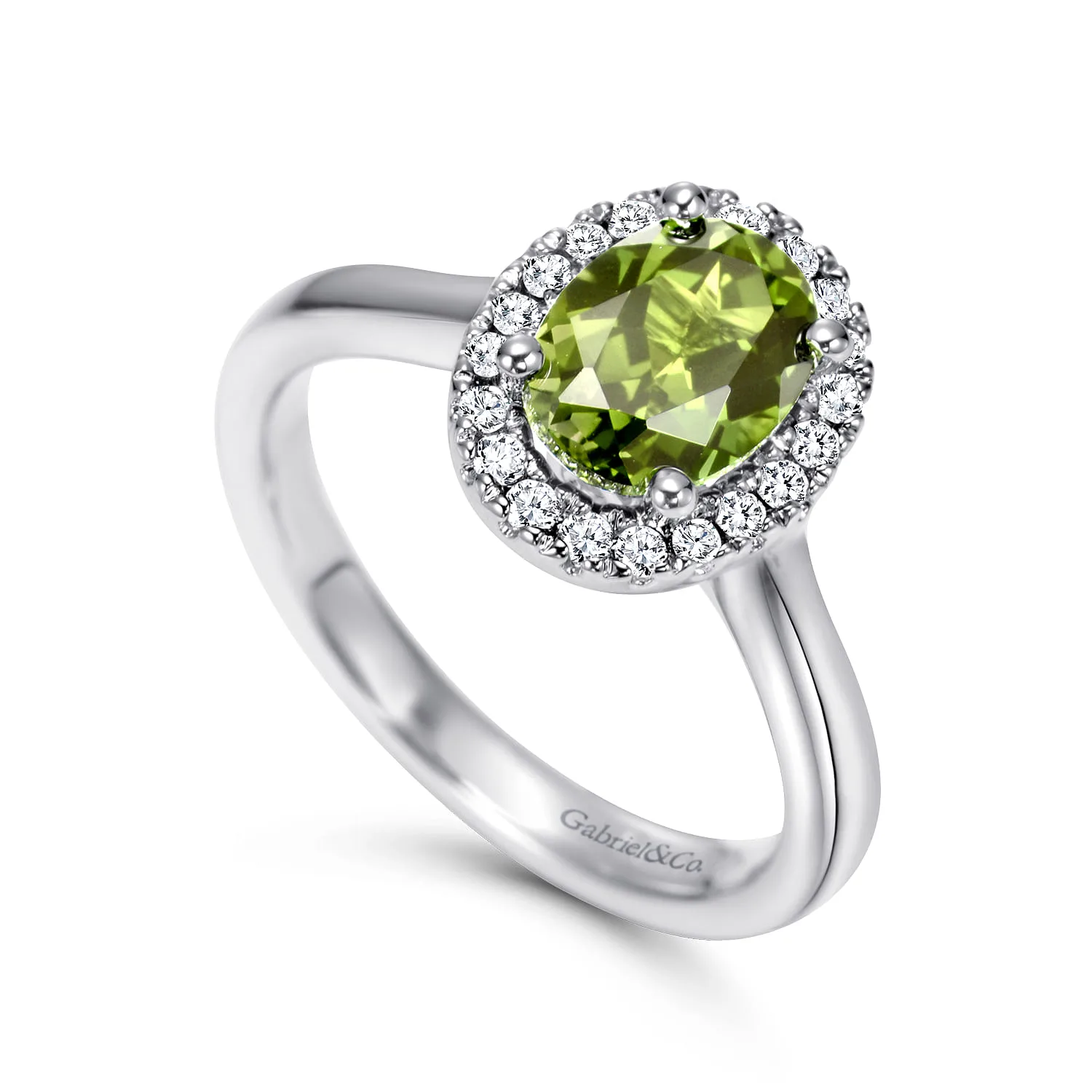 Classic Oval Peridot and Diamond Halo Ring in 14K White Gold, photograph 3