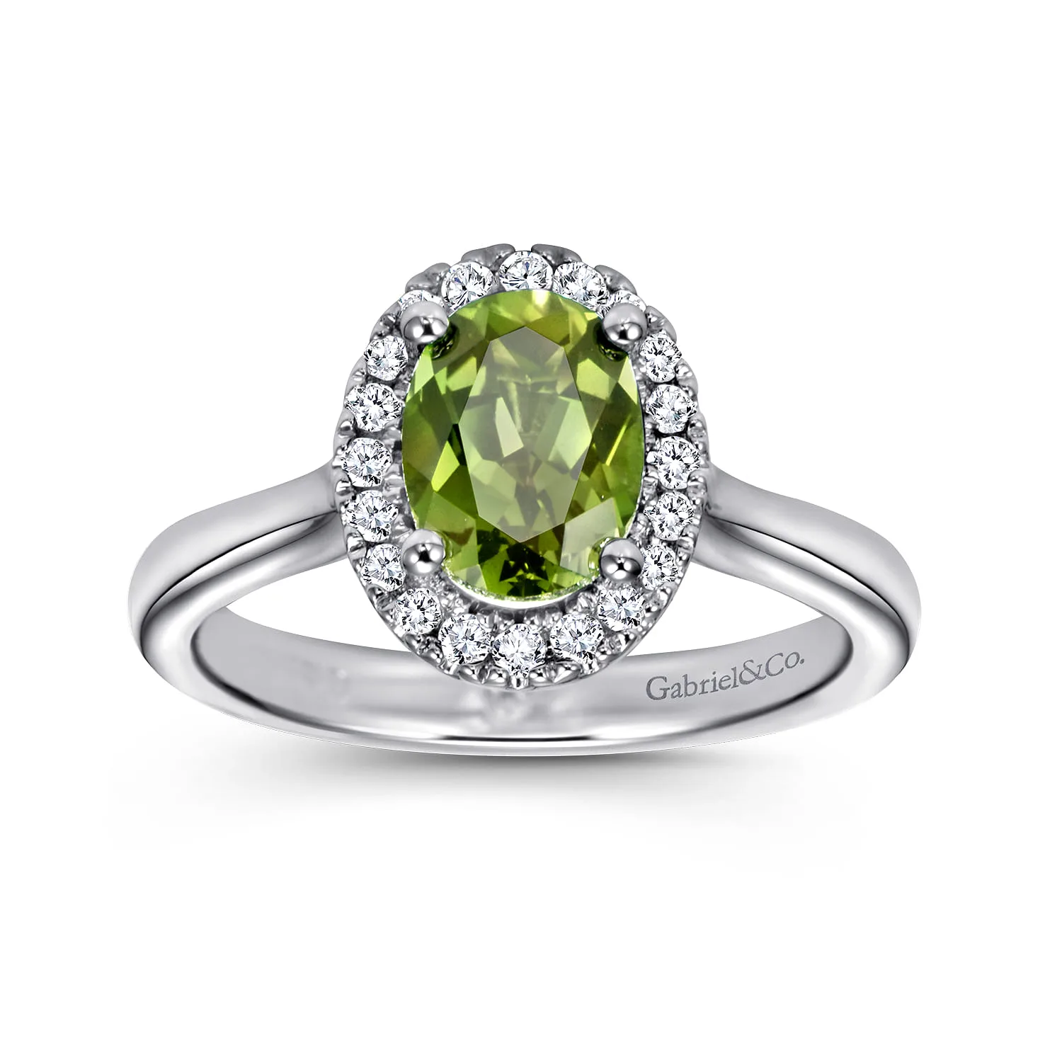 Classic Oval Peridot and Diamond Halo Ring in 14K White Gold, photograph 4