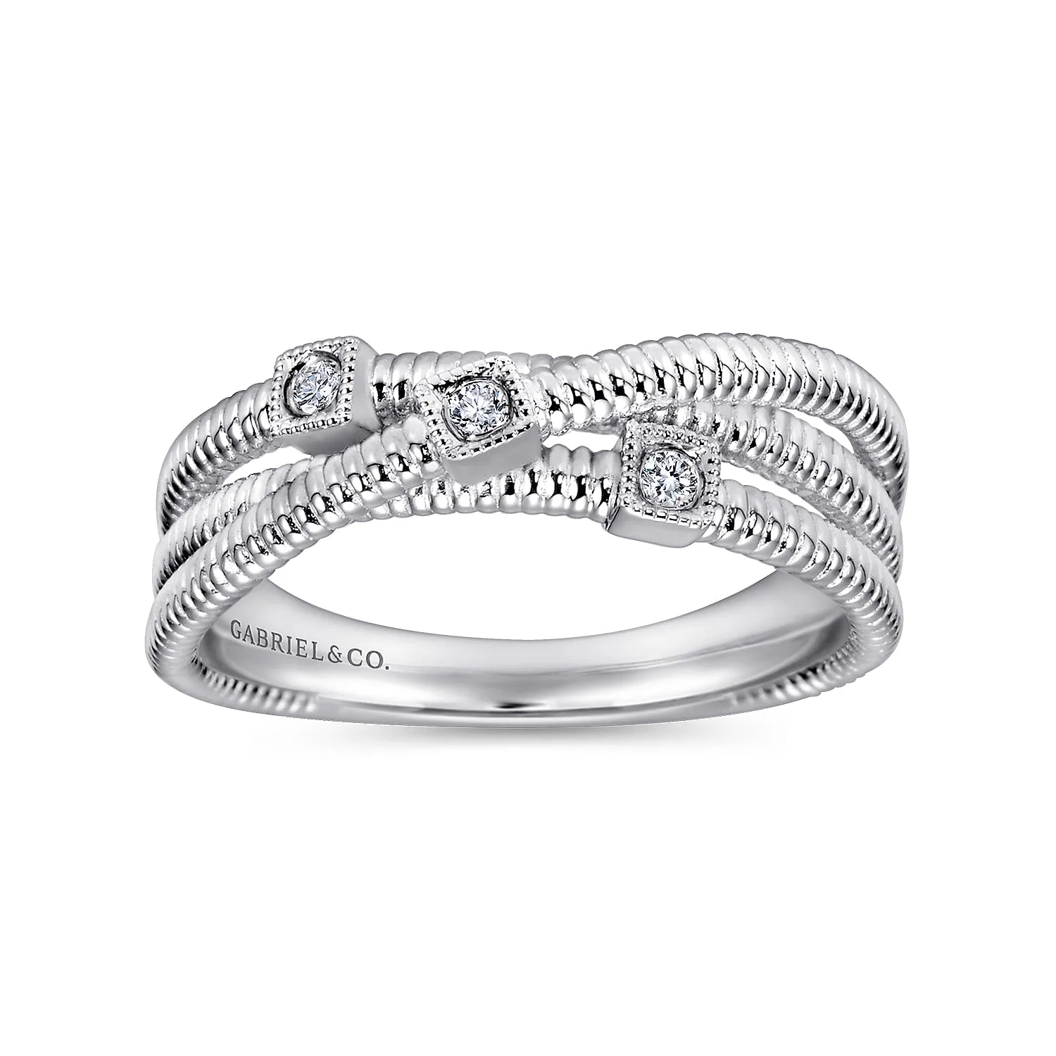 Diamond Station Criss Cross Ring in Sterling Silver, photograph 4