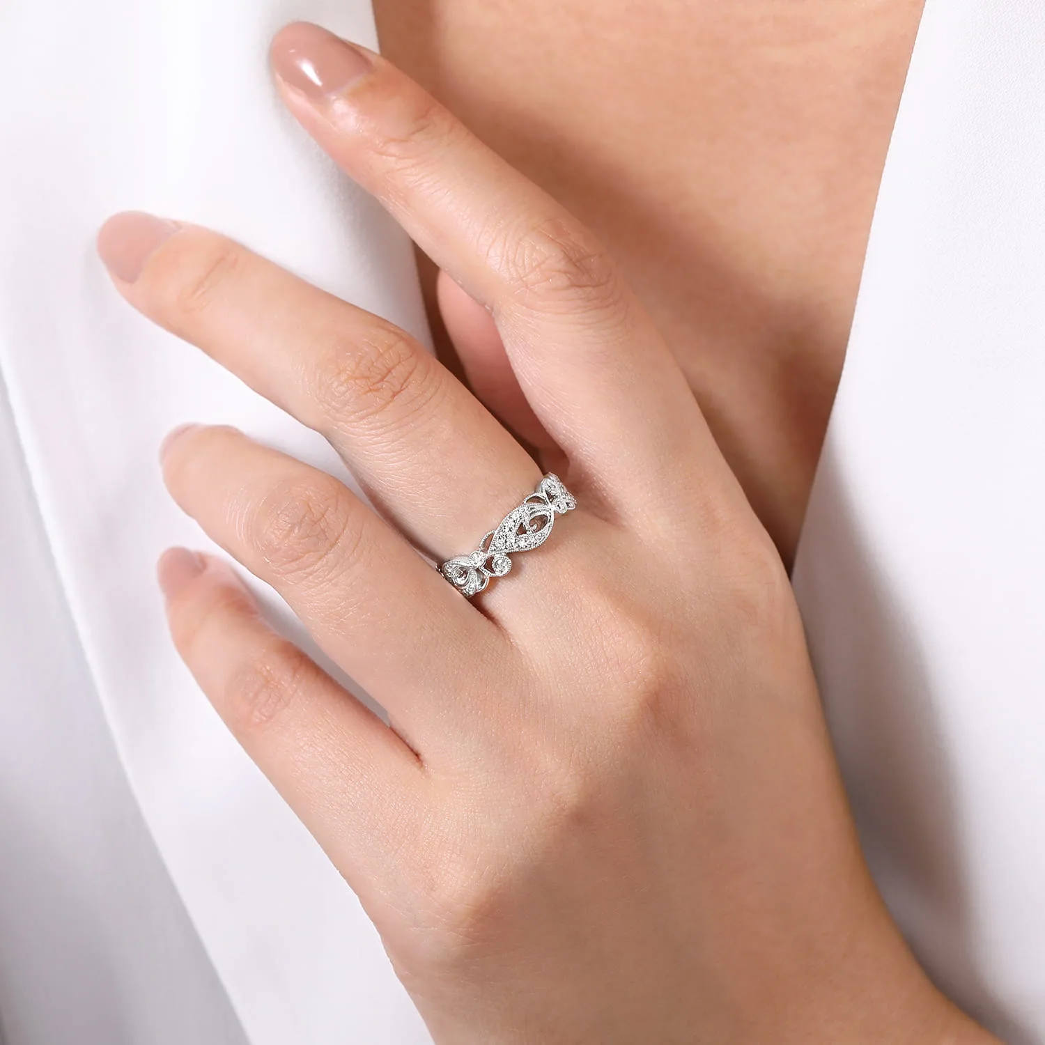 Floral Inspired Diamond Stackable Ring in 14K White Gold, photograph 5