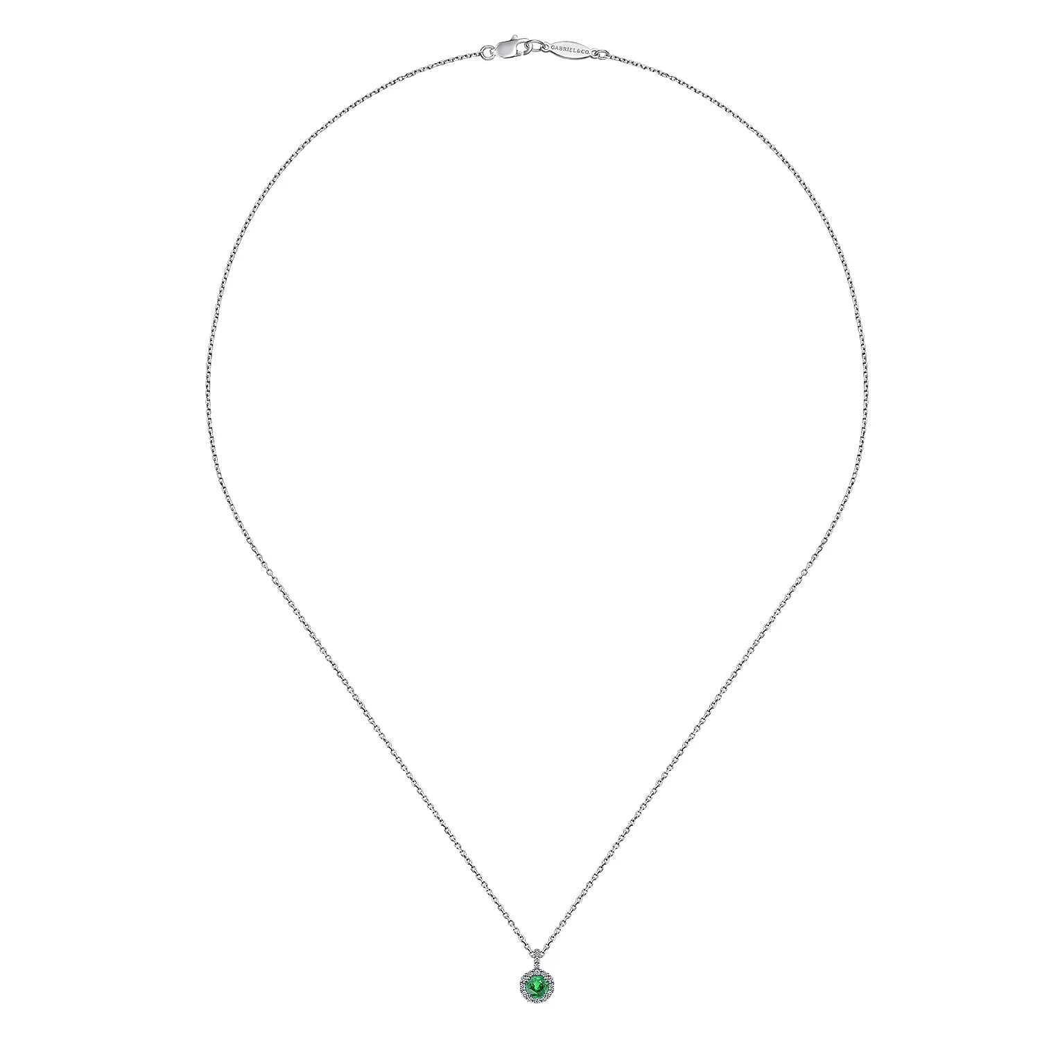 18 inch Round Emerald and Diamond Halo Pendant Necklace in 14K White Gold, photograph 2