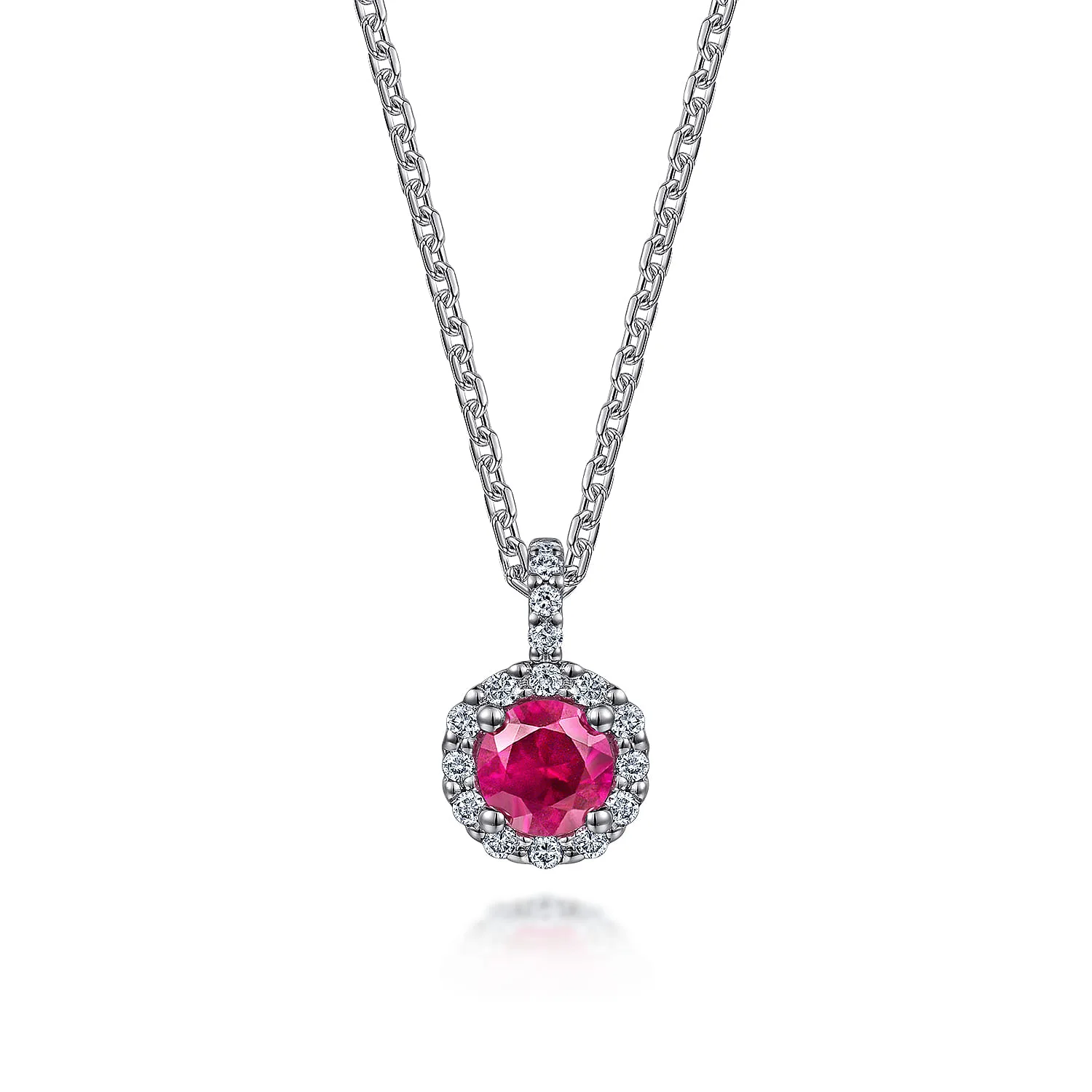 18 inch Round Ruby and Diamond Halo Pendant Necklace