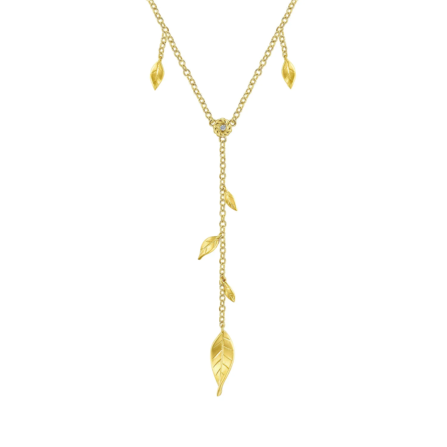 18 inch Y Necklace with Leaf Drops and Center Diamond
